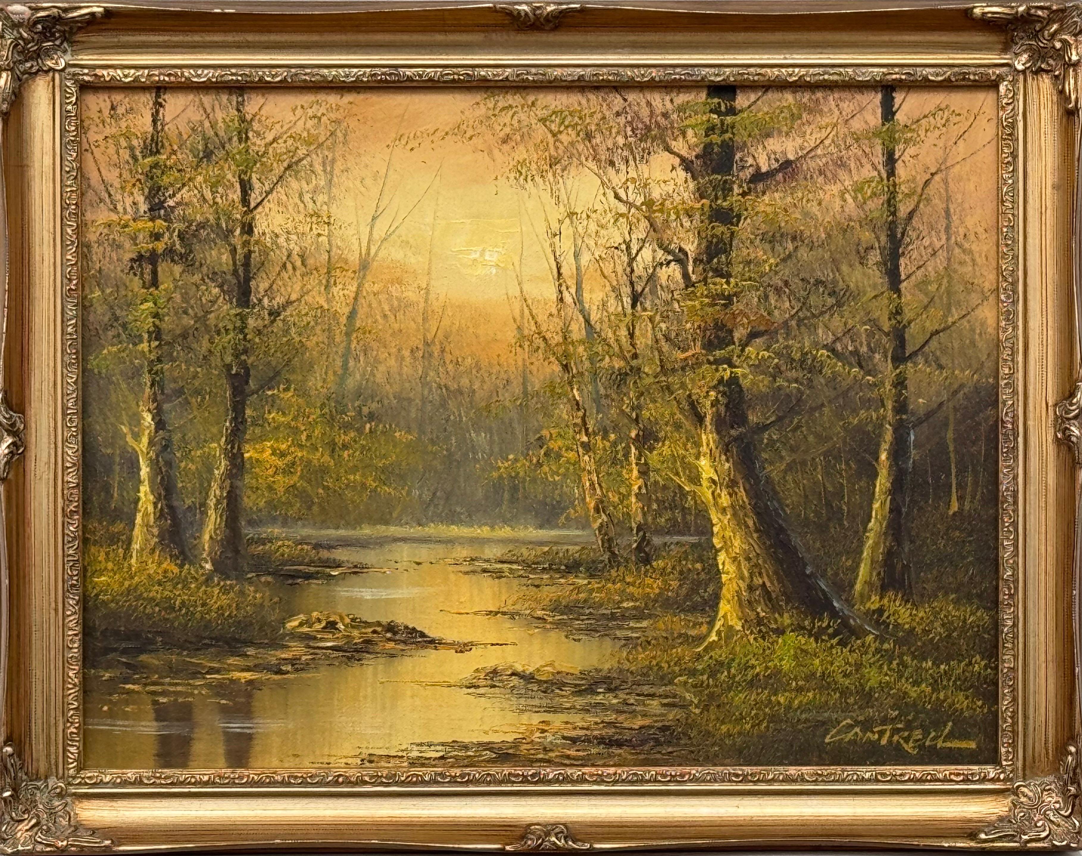 Figurative Painting di Phillip Cantrell - Scena di lago nella foresta 'Golden Tranquility' di un artista americano del XX secolo del dopoguerra