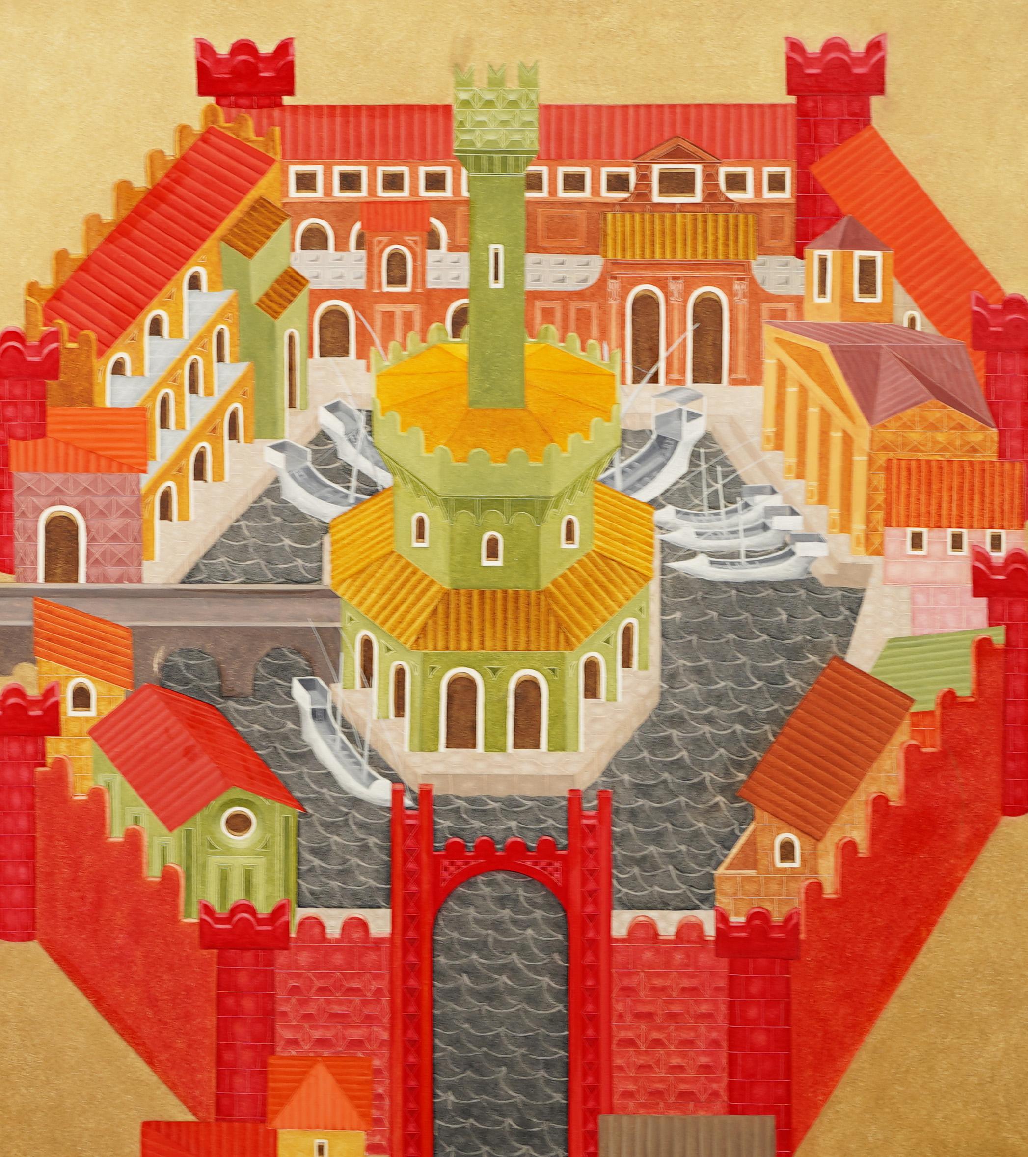 Antico paesaggio inglese modernista dipinto a olio da Phillip Castle (nato nel 1943).  Olio su tela.  Incorniciato.  Firmato sul retro.
