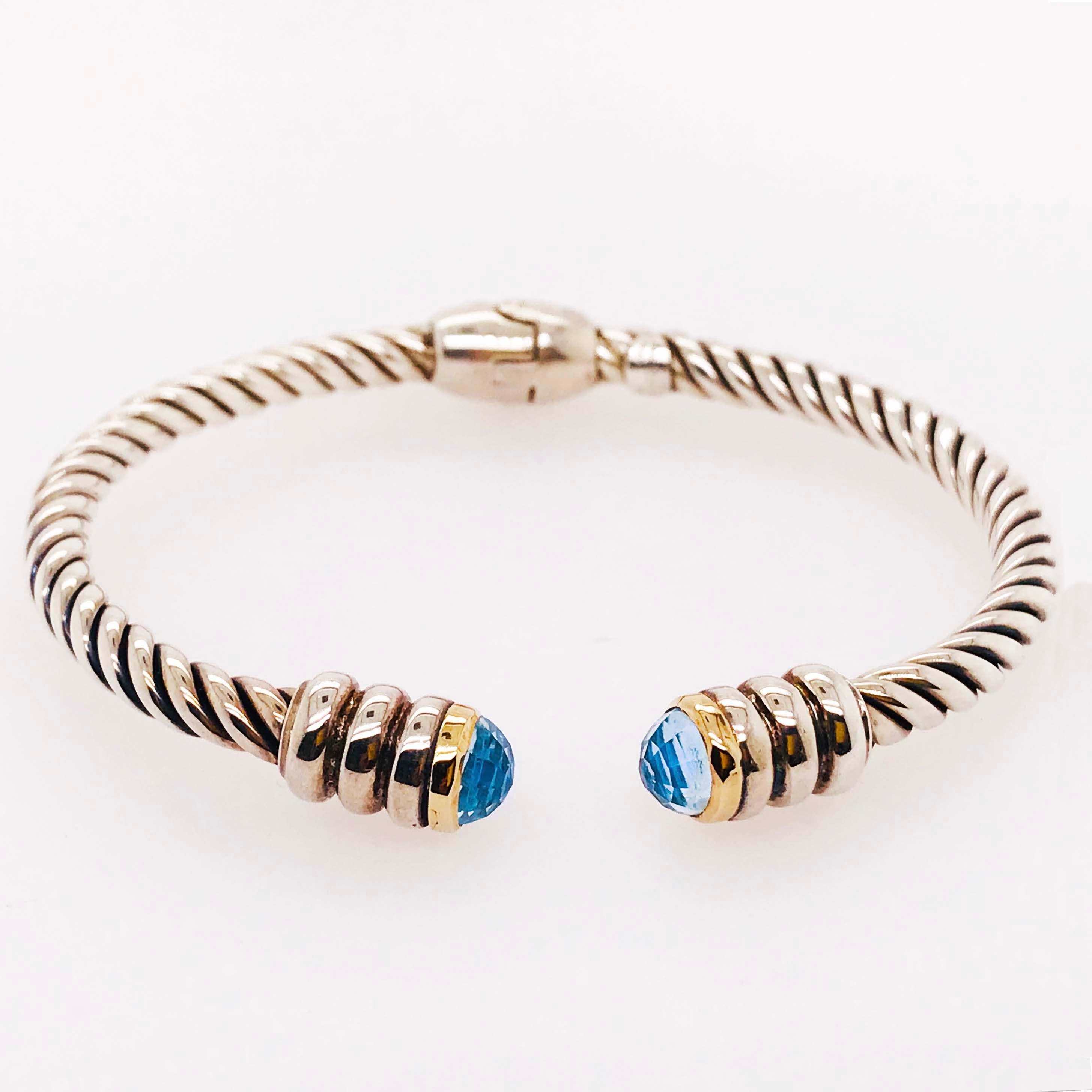 The bangle bracelet is a rope or twisted sterling silver with the 18 karat accent ends that have a faceted blue topaz on either side.  The Phillip Gabriel bracelet is Italian and the Italians are known for their superior craftsmanship!   This