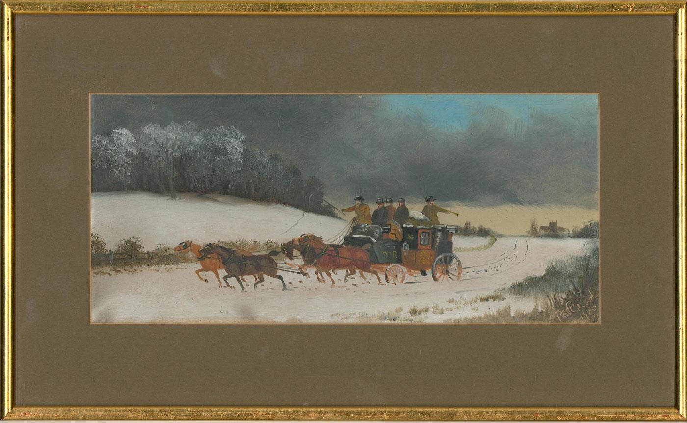 A captivating oil painting on paper, depicting a coaching scene by the British artist Phillip H. Rideout. Signed and dated to the lower right-hand corner. Well-presented in a dark green-grey card mount and in a thin, distressed, gilt effect frame.