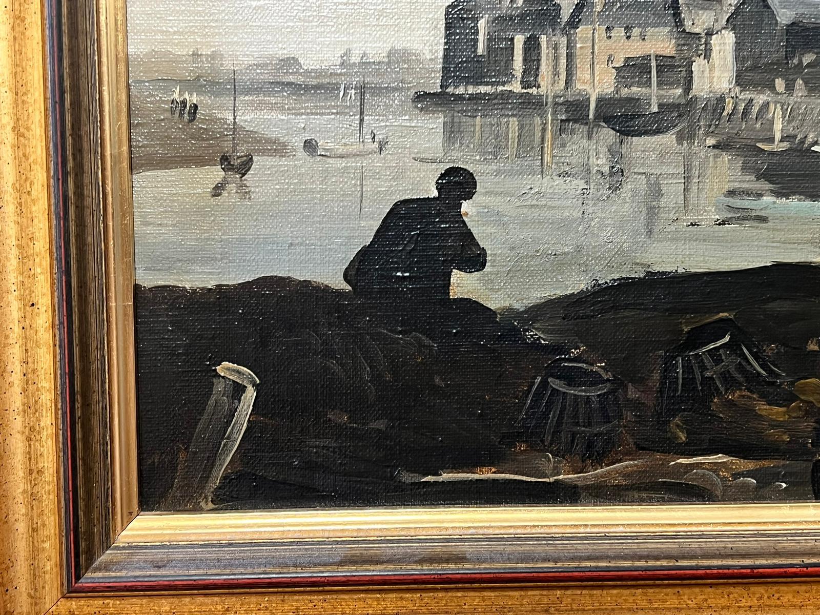 Fishermen attending Nets in Harbour British Oil Painting For Sale 2