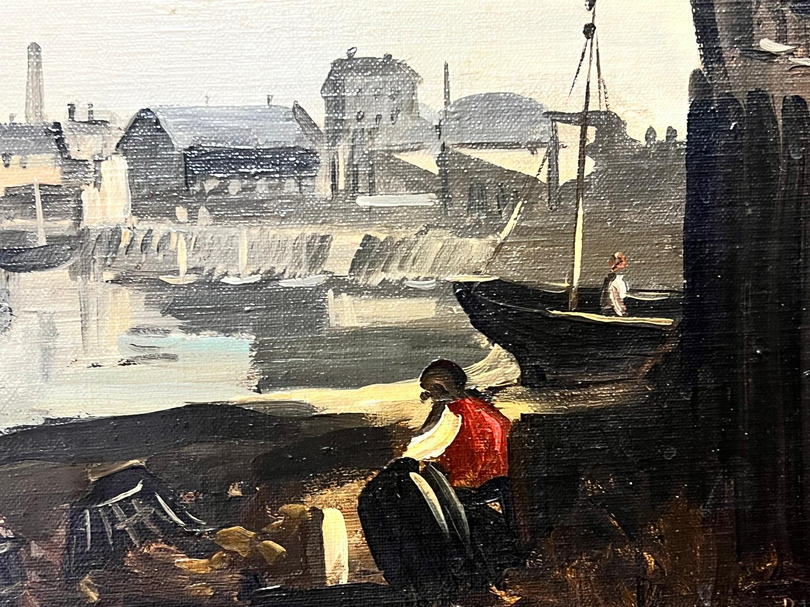 Fishermen attending Nets in Harbour British Oil Painting For Sale 3