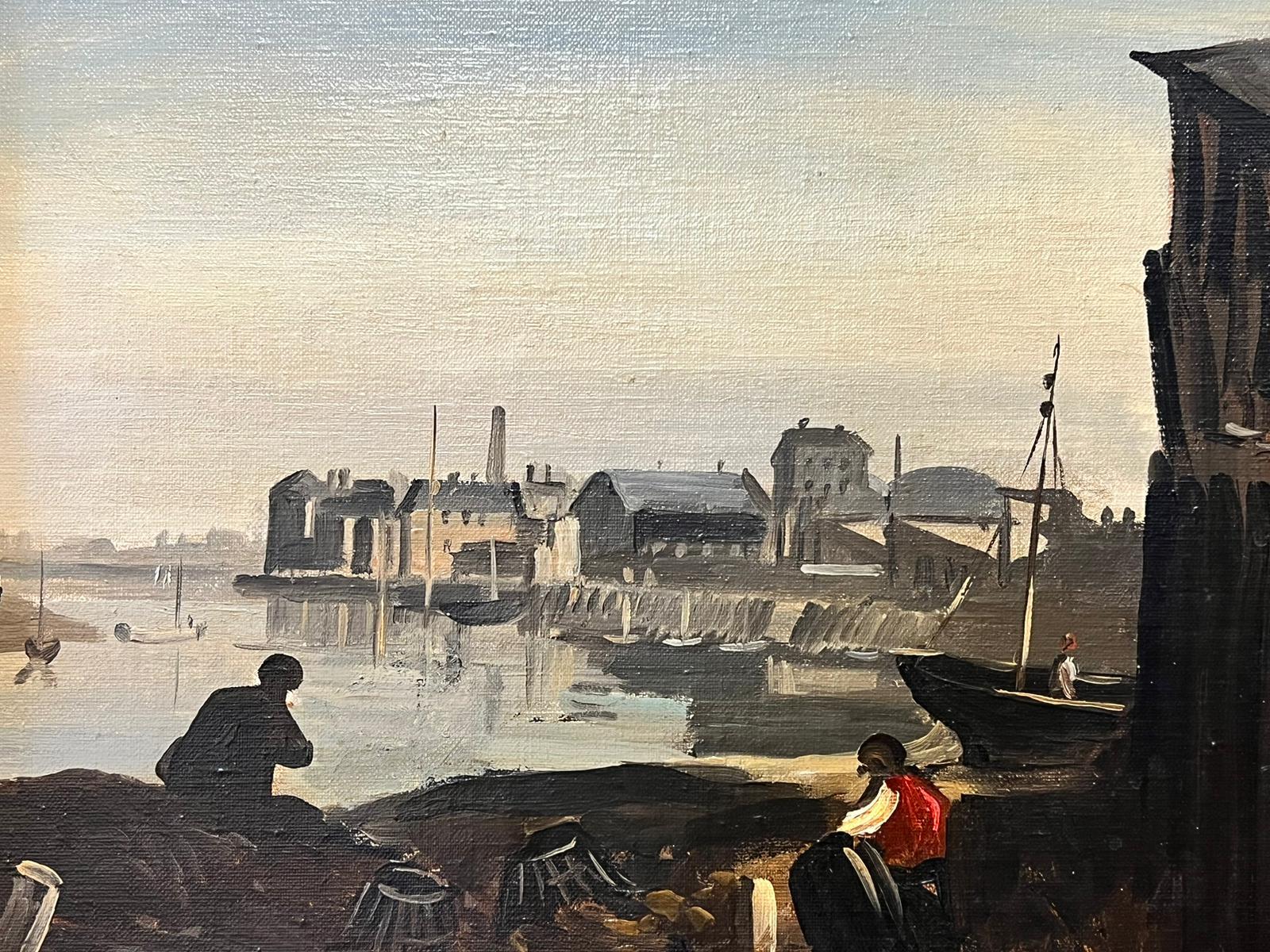 Fishermen attending Nets in Harbour British Oil Painting For Sale 4