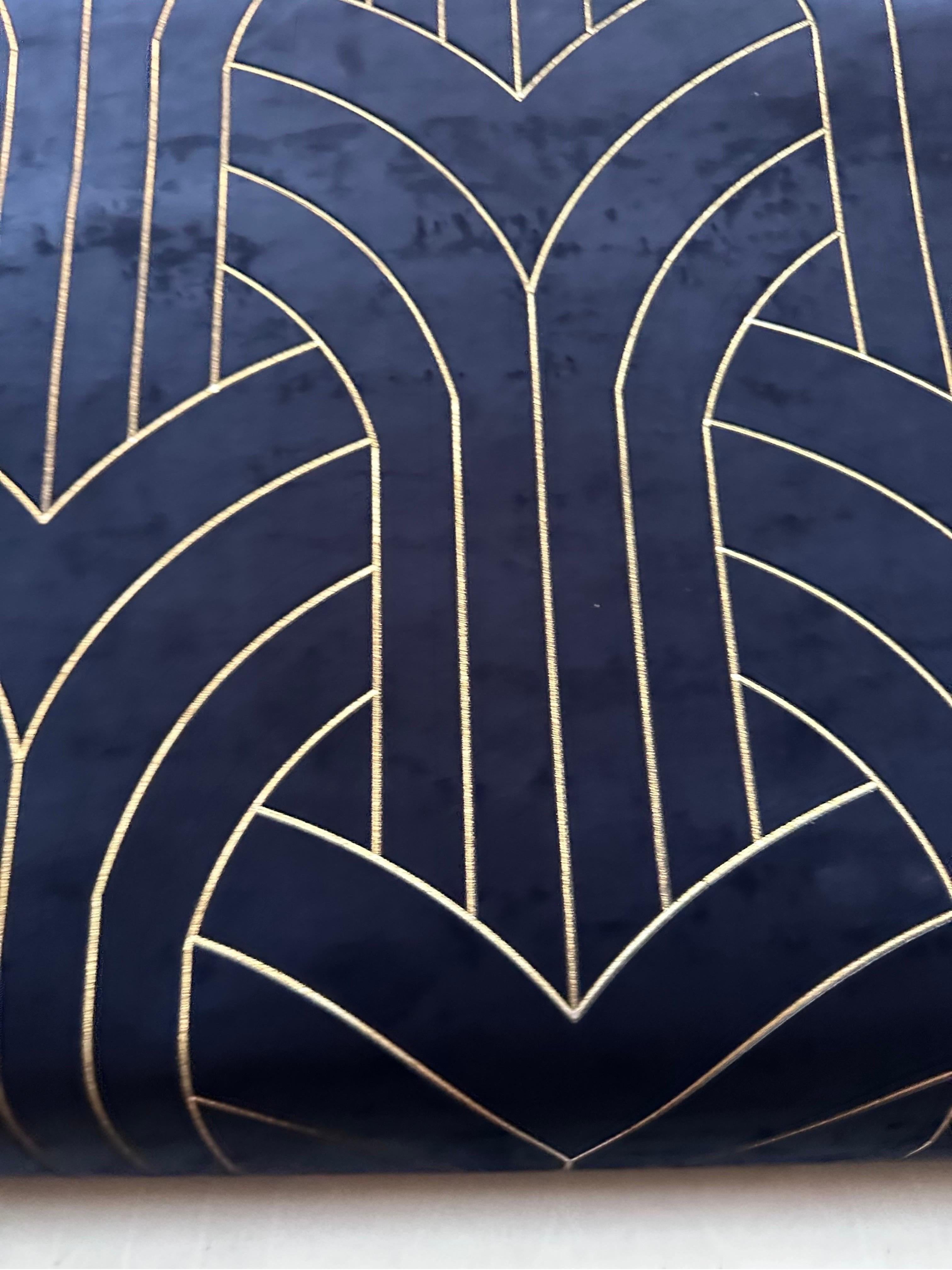 Phillip Jeffries Navy Blue & Gold Velvet Cocoon Wallpaper, Lasercut Velvet For Sale 1