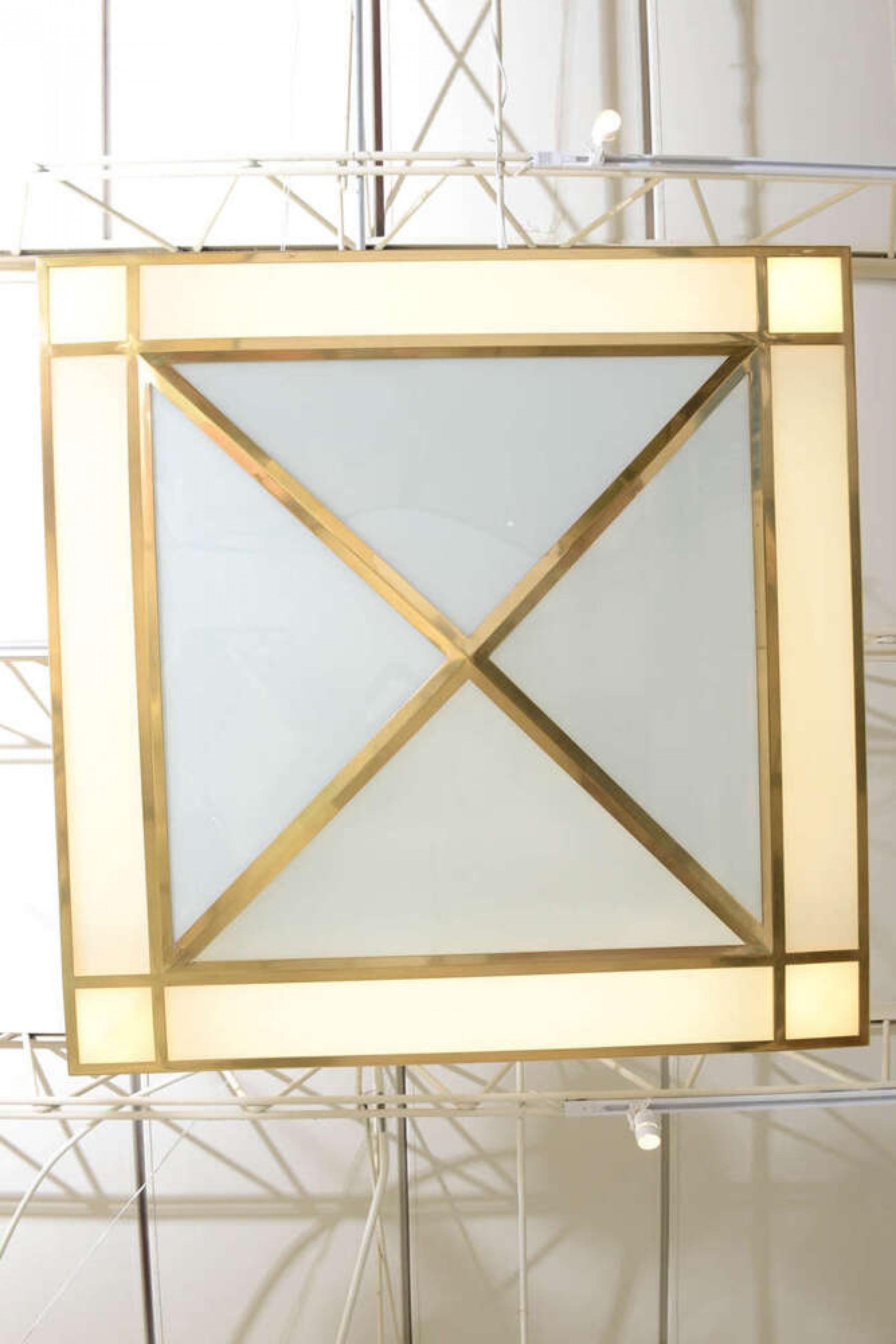 20th Century Phillip Johnson American Modern White Glass and Brass Geometric Chandeliers For Sale
