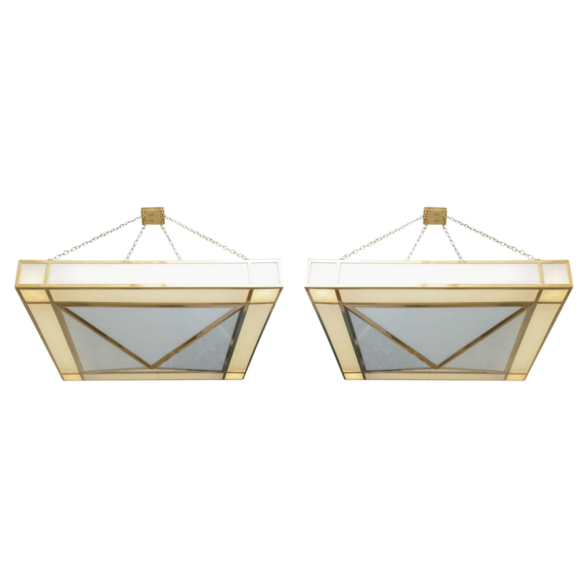 Phillip Johnson American Modern White Glass and Brass Geometric Chandeliers For Sale