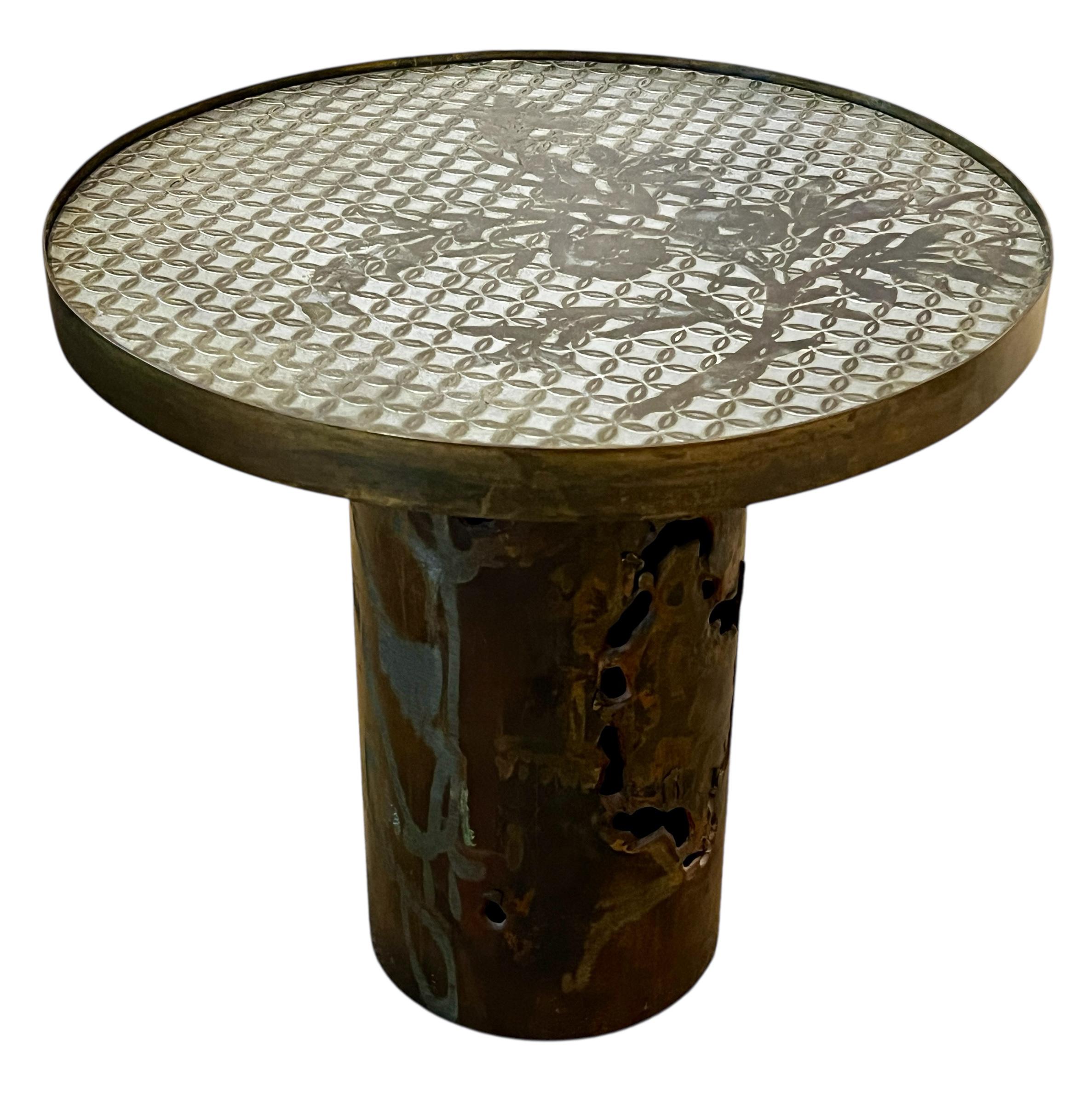 Phillip & Kelvin LaVerne Attributed Circular Floral Motif Side Table.  Acid etched and enameled brass over wood. Overall excellent vintage condition with age appropriate wear. Table measures approx 16.5