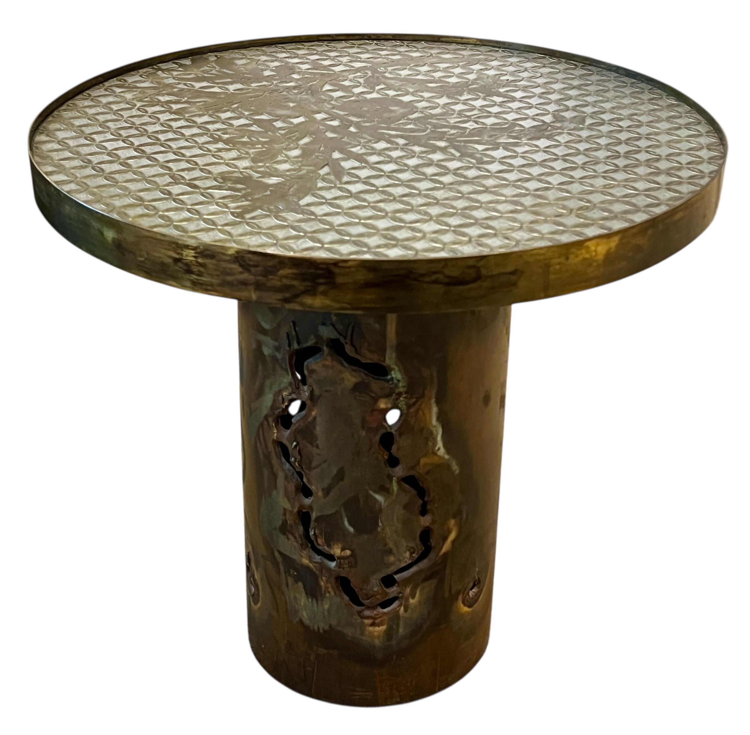 Etched Phillip & Kelvin LaVerne Attributed Circular Side Table For Sale