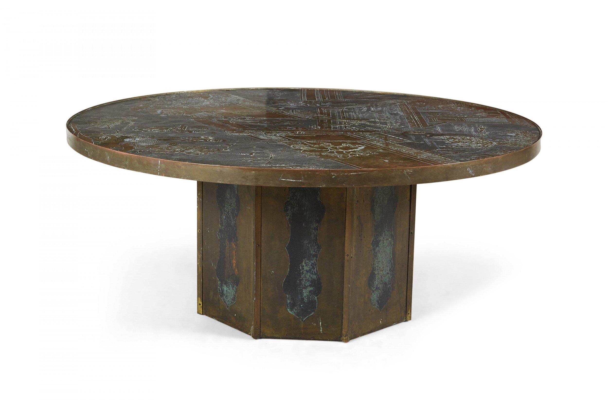 American mid-century coffee table with a circular etched bronze veneer top depicting an elaborate Chinoiserie genre scene with natural patina above a bronze veneer octagonal base. (