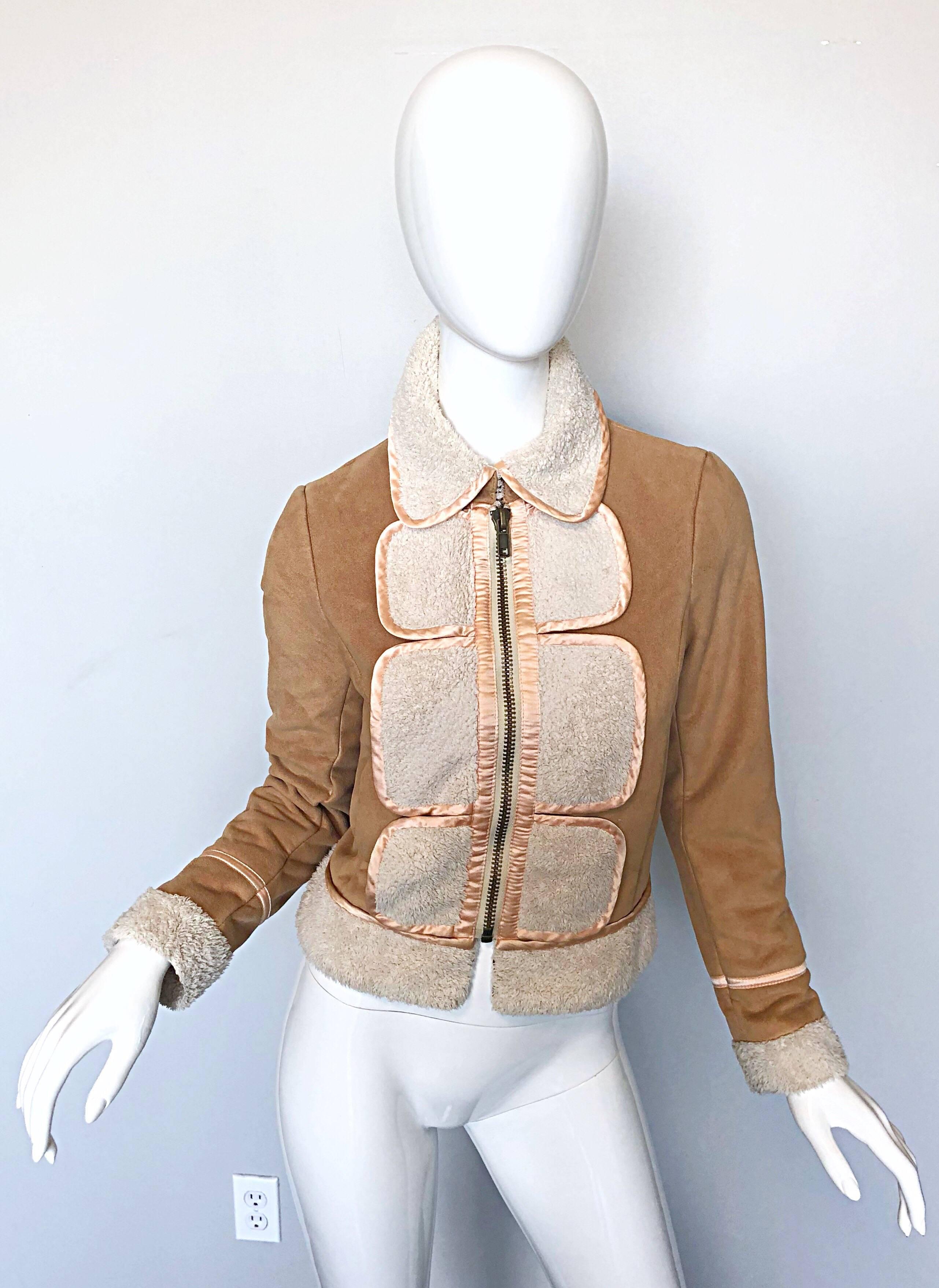 Chic early 2000s 3.1 PHILLIP LIM faux suede and faux shearling trucker style jacket! Features a medium tan soft faux suede, with ivory faux shearling throughout. Full metal zipper up the front with a single hook-and-eye closure at center collar.