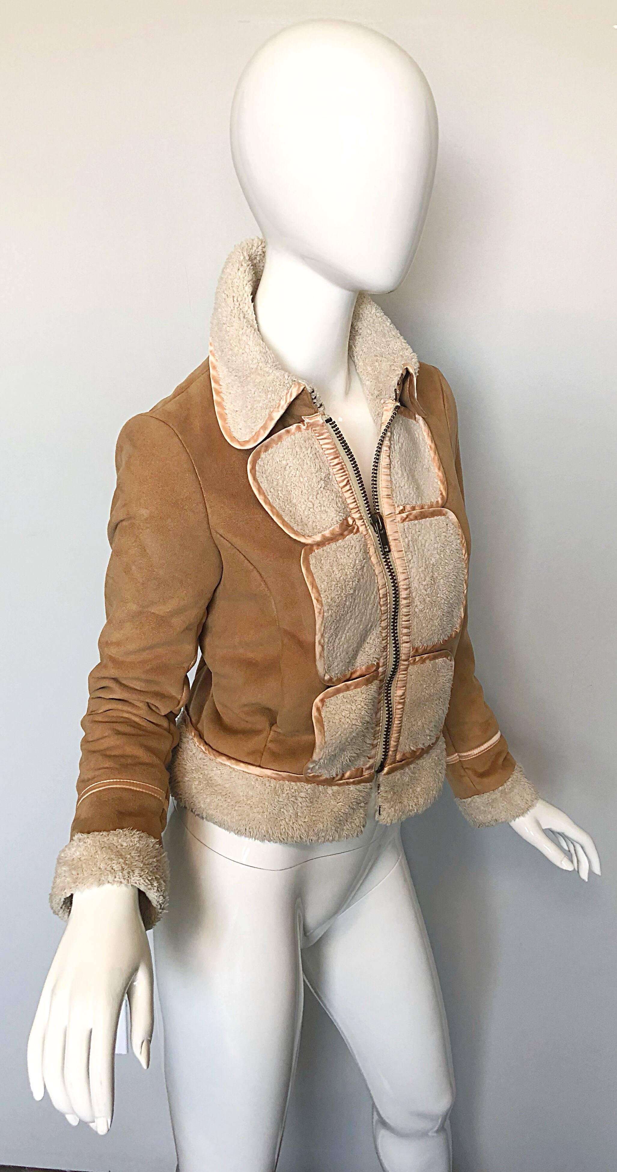 White Phillip Lim 3.1 Early 2000s Faux Suede Shearling Brown Tan Ivory Trucker Jacket For Sale