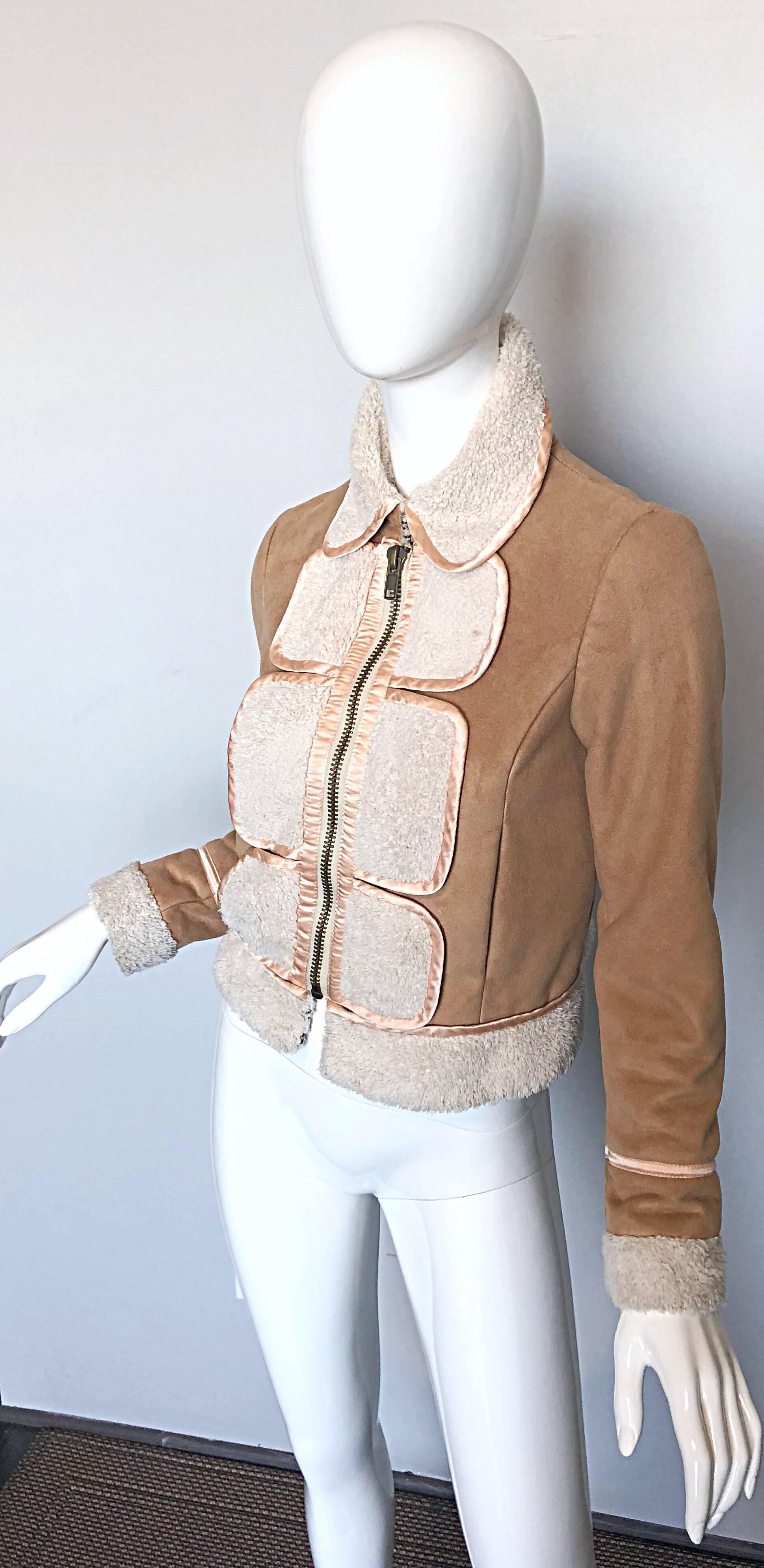 Phillip Lim 3.1 Early 2000s Faux Suede Shearling Brown Tan Ivory Trucker Jacket In Excellent Condition For Sale In San Diego, CA