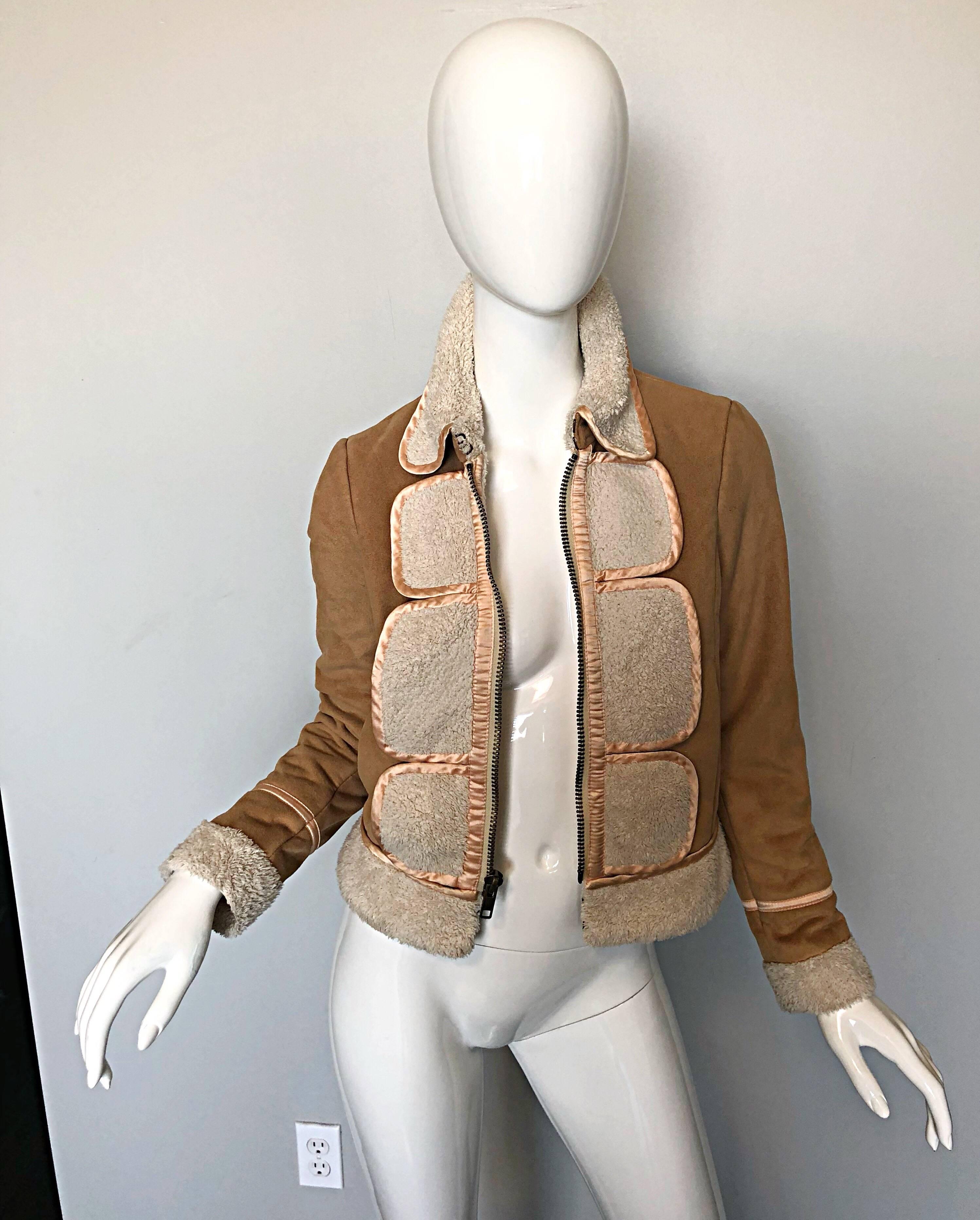 Women's Phillip Lim 3.1 Early 2000s Faux Suede Shearling Brown Tan Ivory Trucker Jacket For Sale