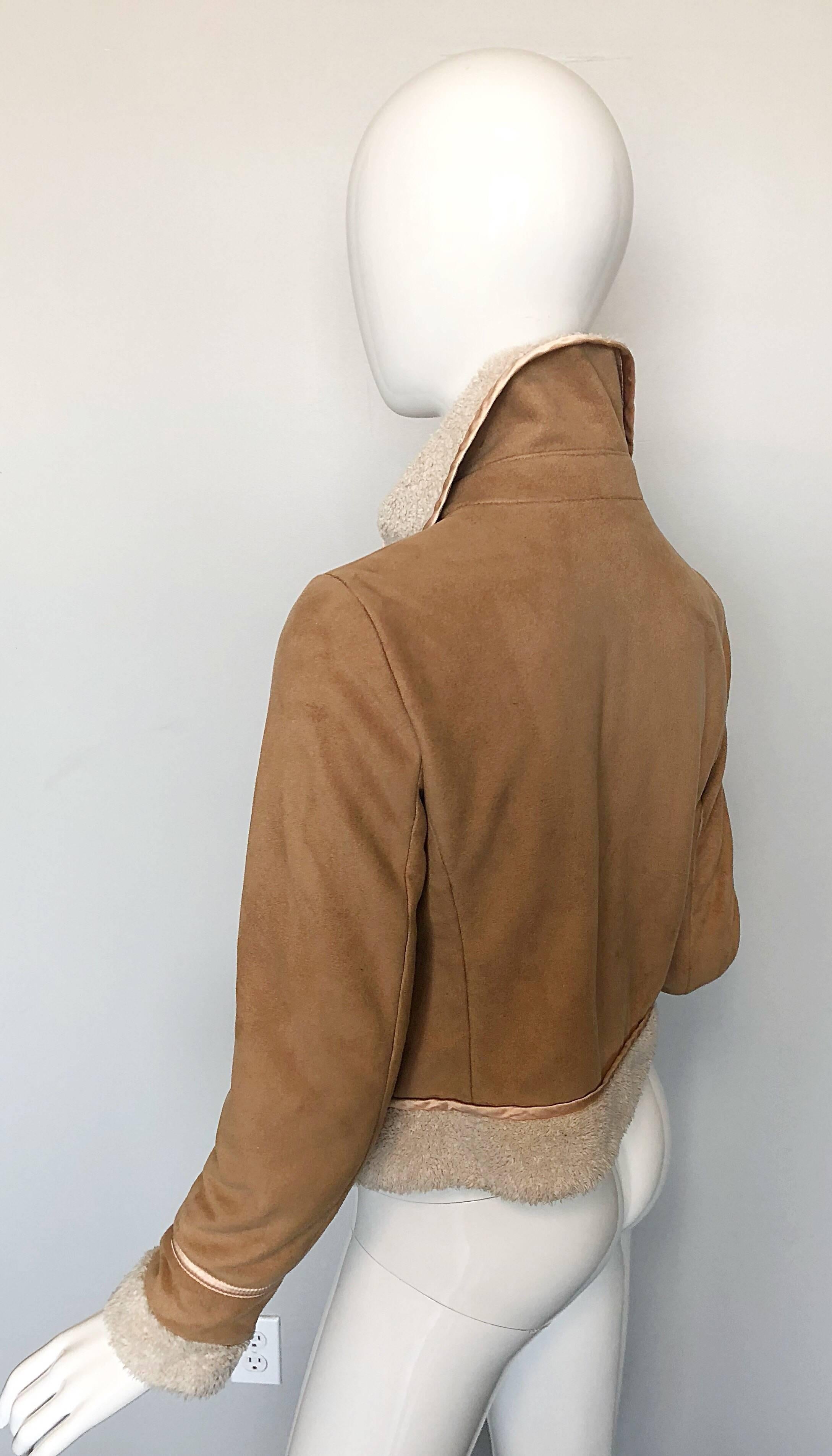 Phillip Lim 3.1 Early 2000s Faux Suede Shearling Brown Tan Ivory Trucker Jacket For Sale 1