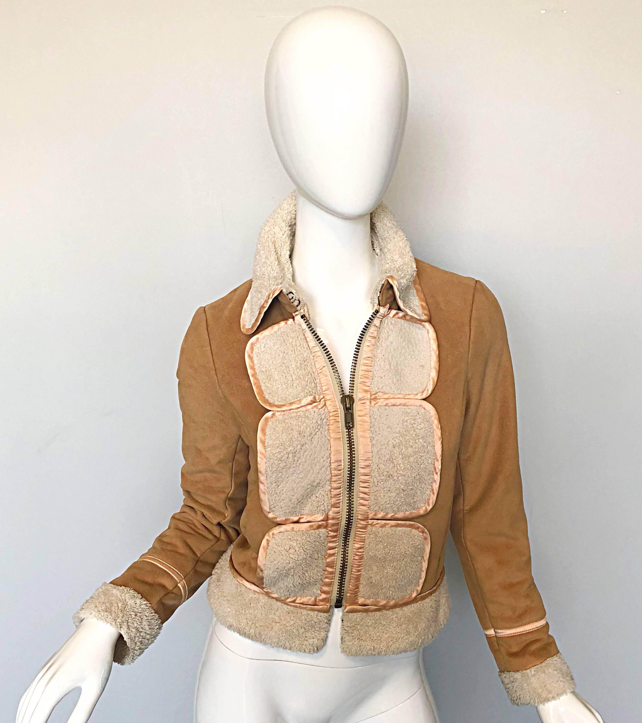 Phillip Lim 3.1 Early 2000s Faux Suede Shearling Brown Tan Ivory Trucker Jacket For Sale 2