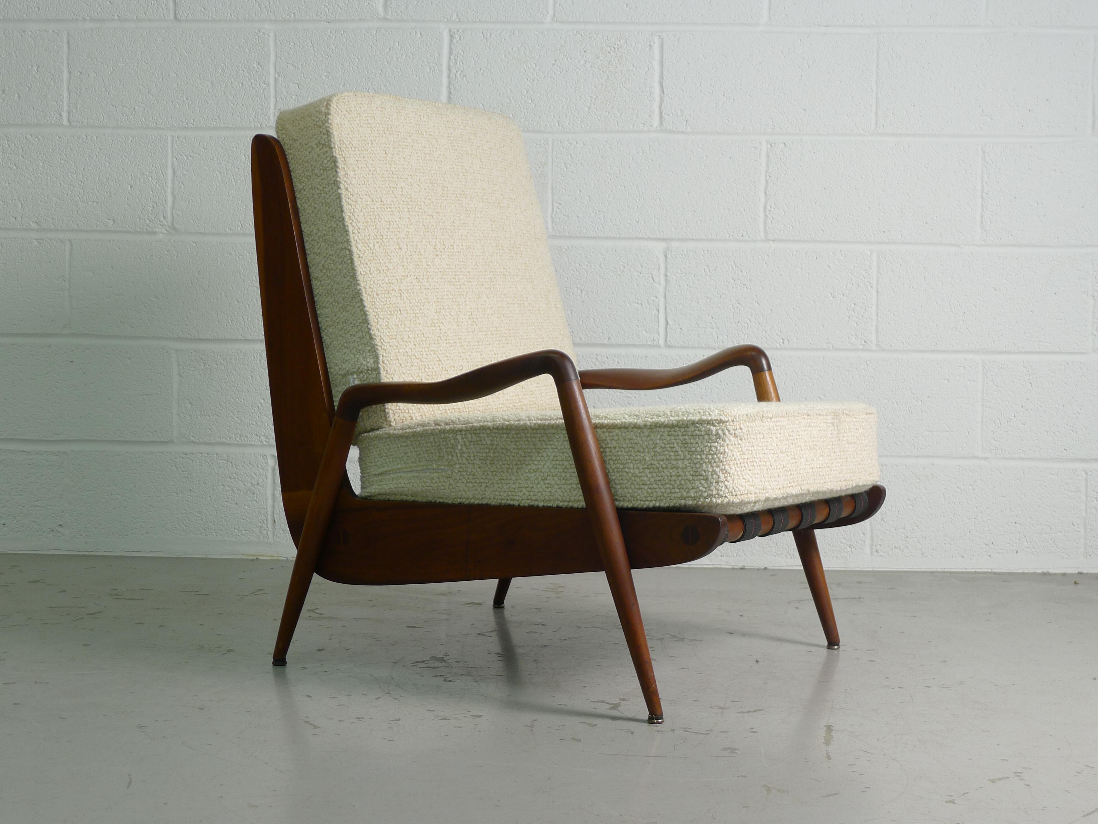 Wood Phillip Lloyd Powell, 1960s American Walnut Lounge Chair with White Cushions
