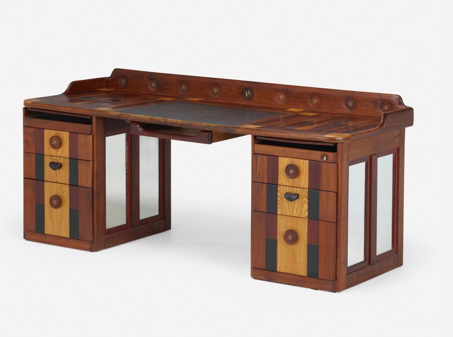 Phillip Lloyd Powell American Craft Custom Double Pedestal Desk, This remarkable American Craft Double Pedestal Desk by Powell Studio was custom-made in 1995. The desk boasts a total of seven drawers and discreet desktop glides, showcasing a
