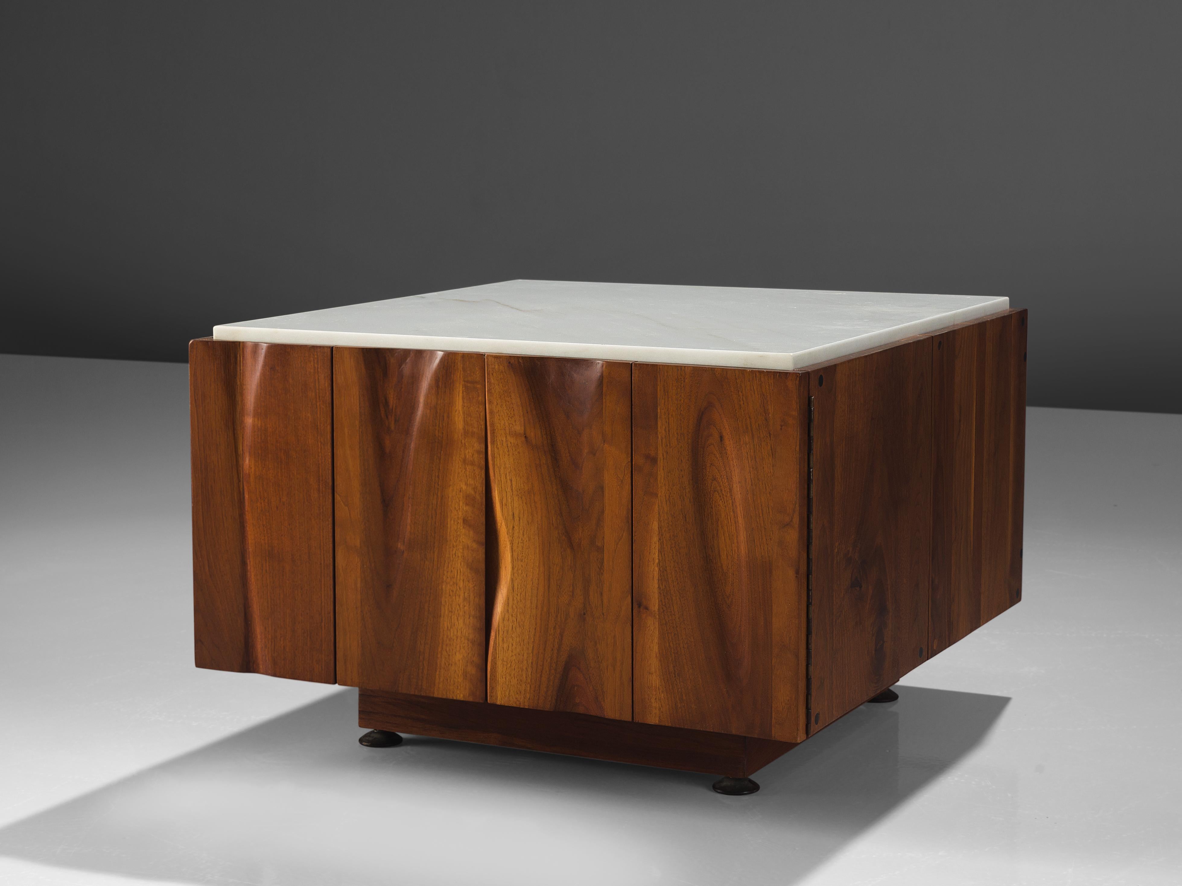Phillip Lloyd Powell, coffee table with storage space, walnut, marble, New Hope, PA, United States, 1962

This exquisite coffee table is designed by Phillip Lloyd Powell and executed in solid walnut. The wooden surface not only shows stunning