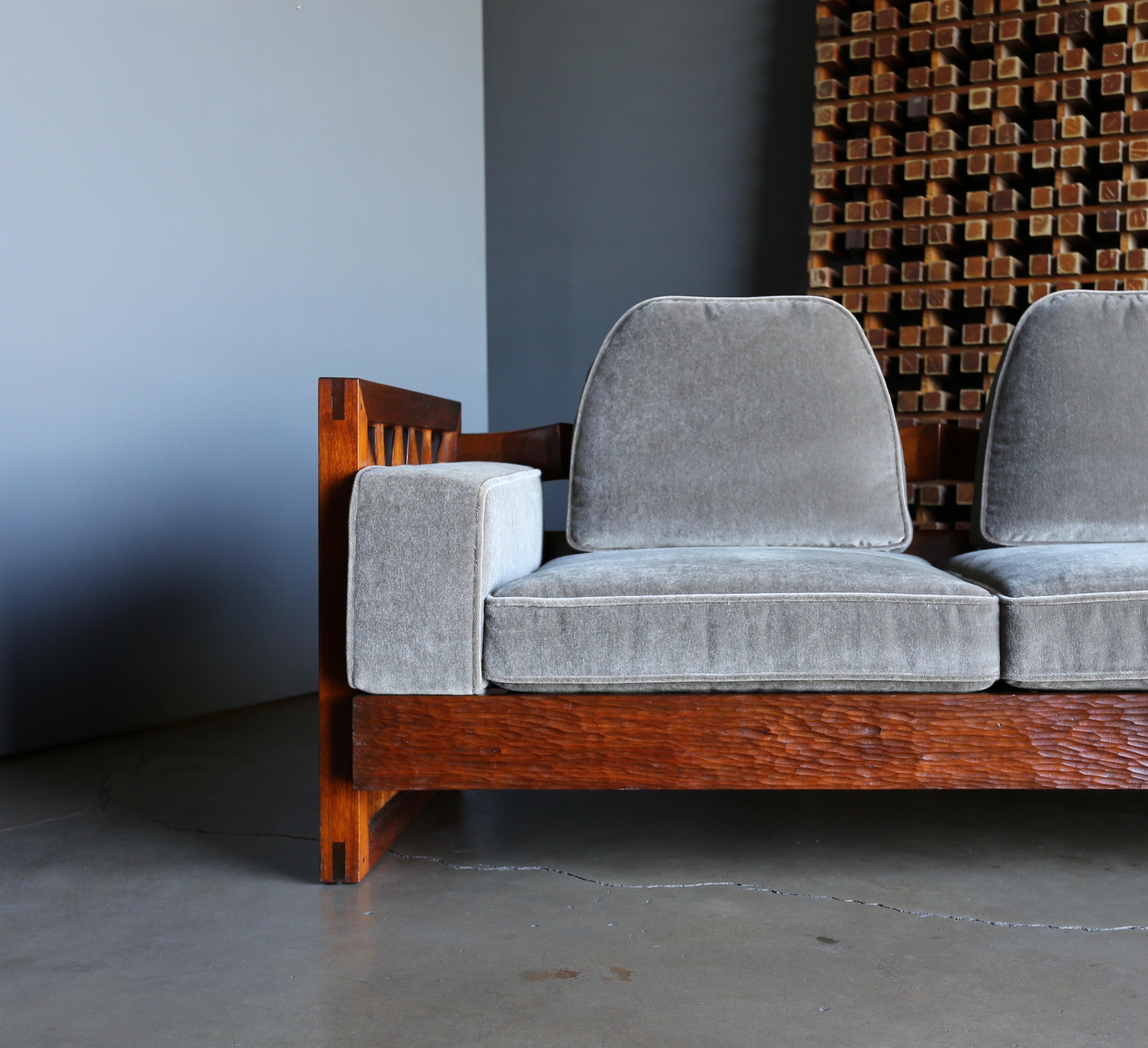 Phillip Lloyd Powell Hand Carved American Black Walnut Sofa, circa 1969 5