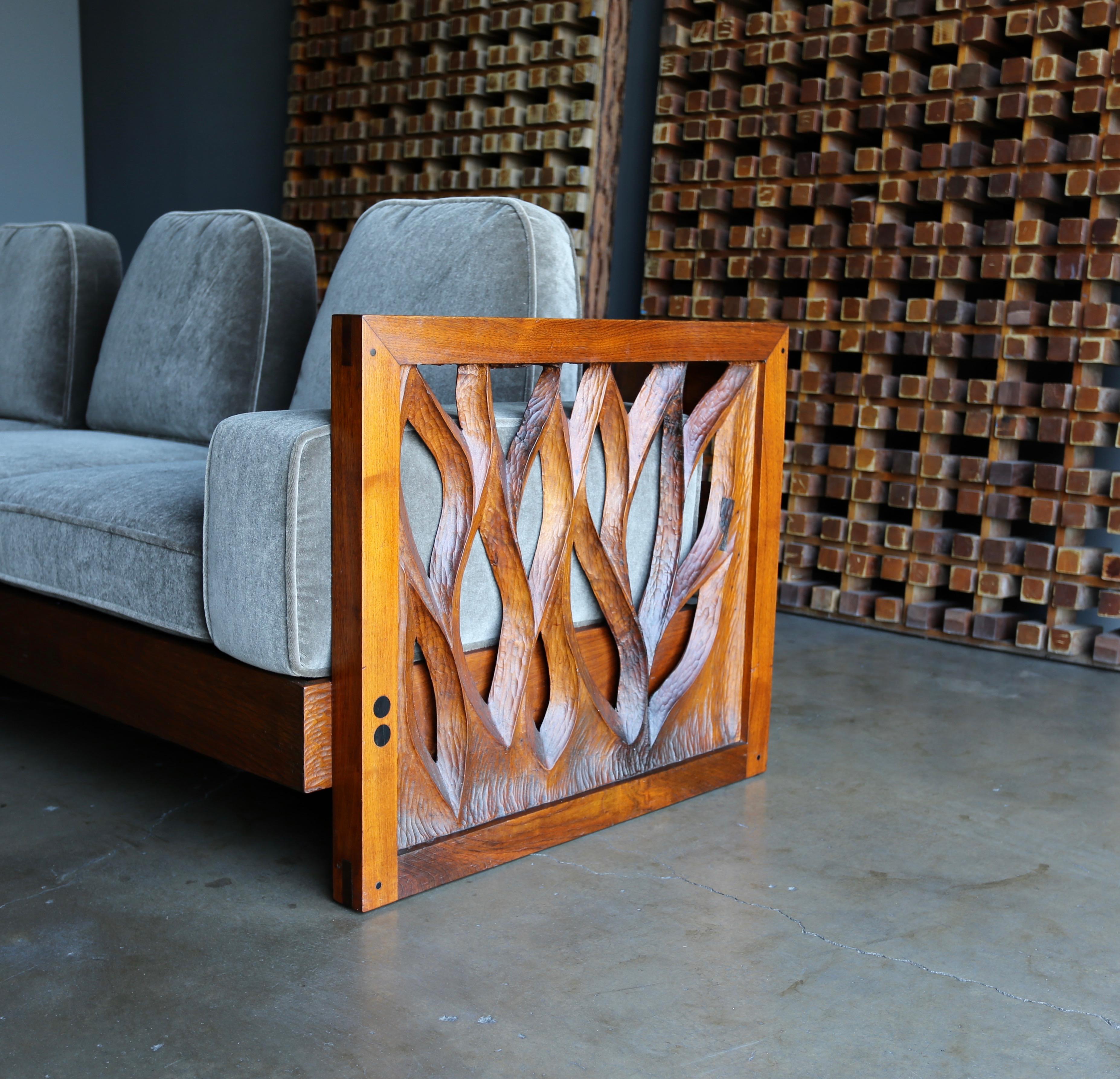 Phillip Lloyd Powell Hand Carved American Black Walnut Sofa, circa 1969 7