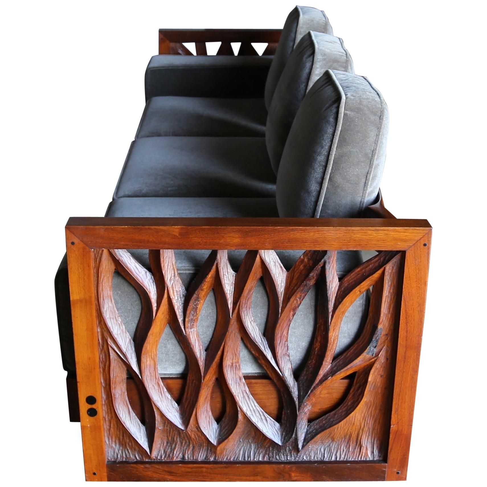 Phillip Lloyd Powell Hand Carved American Black Walnut Sofa, circa 1969