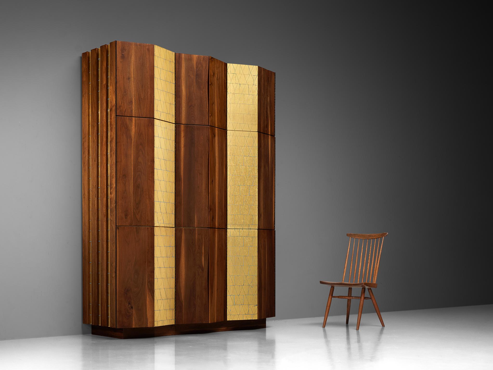 Mid-Century Modern Phillip Lloyd Powell Large Cabinet in Walnut and Gold Leaf  For Sale
