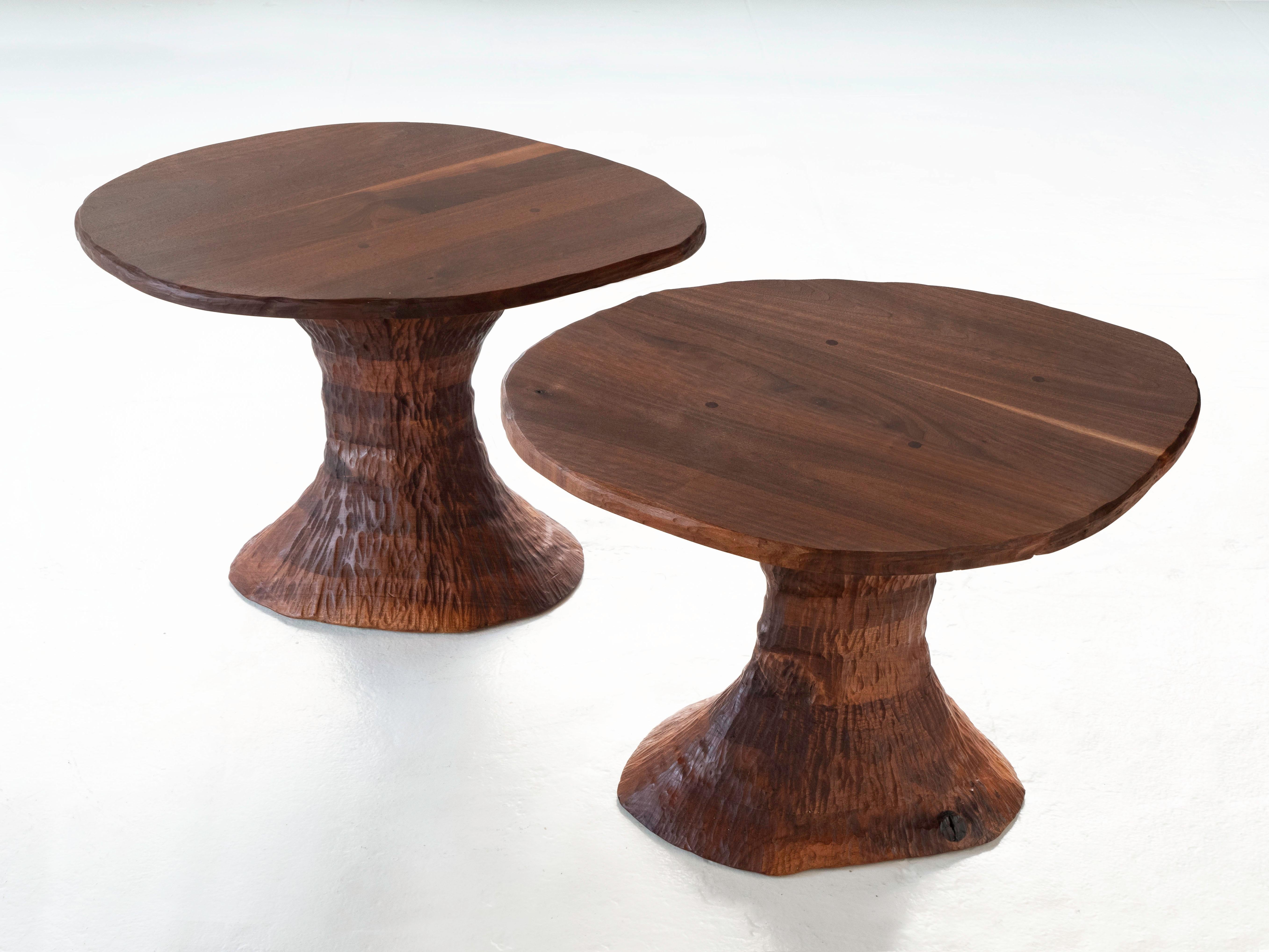 Phillip Lloyd Powell Pair of Solid Black Walnut Side Tables, Hand Carved 1960's In Good Condition For Sale In Los Angeles, CA