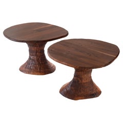 Phillip Lloyd Powell Pair of Solid Black Walnut Side Tables, Hand Carved 1960's
