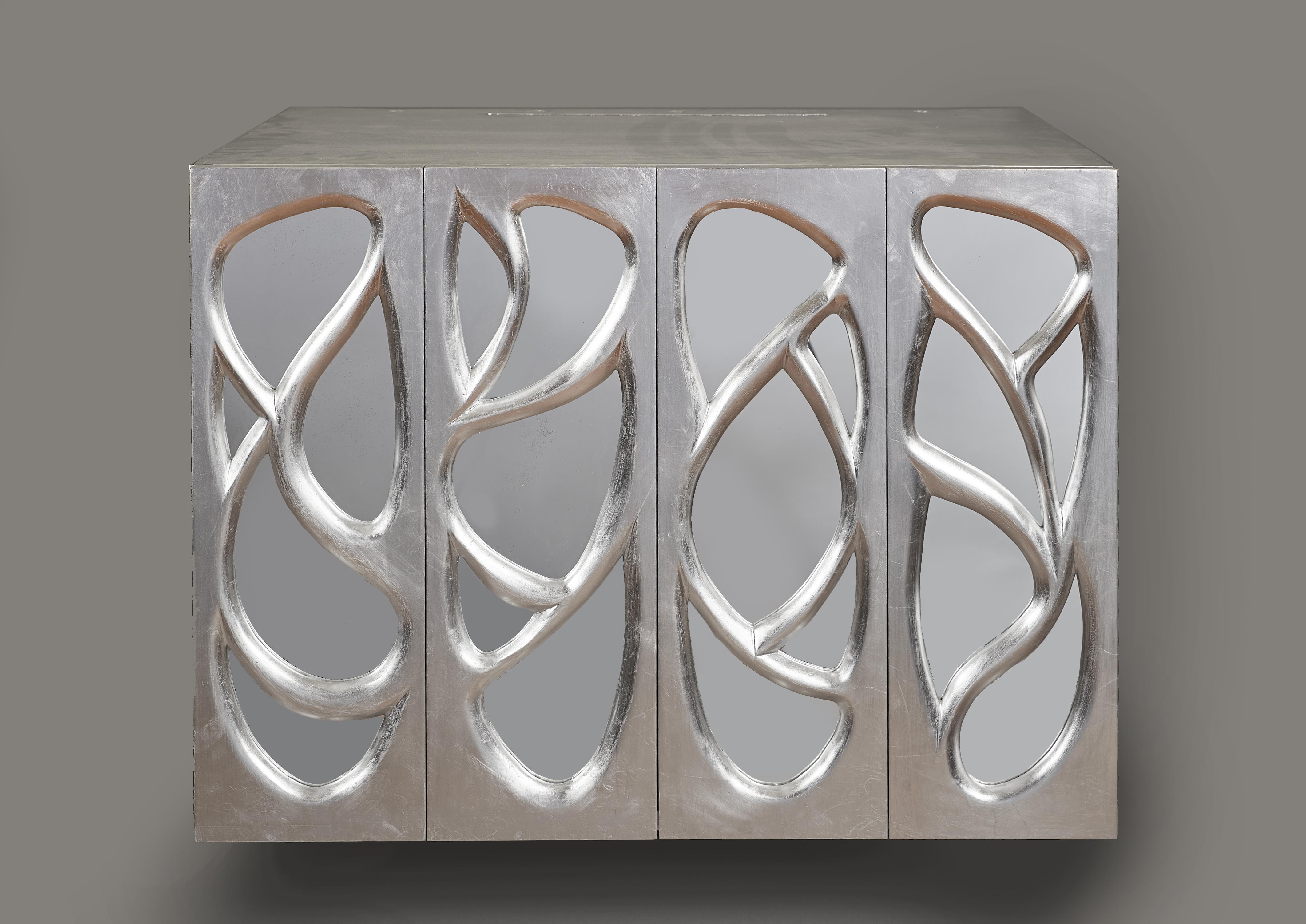 Mid-Century Modern Phillip Lloyd Powell: Mirrored Wall Cabinet in Silver Leaf  For Sale