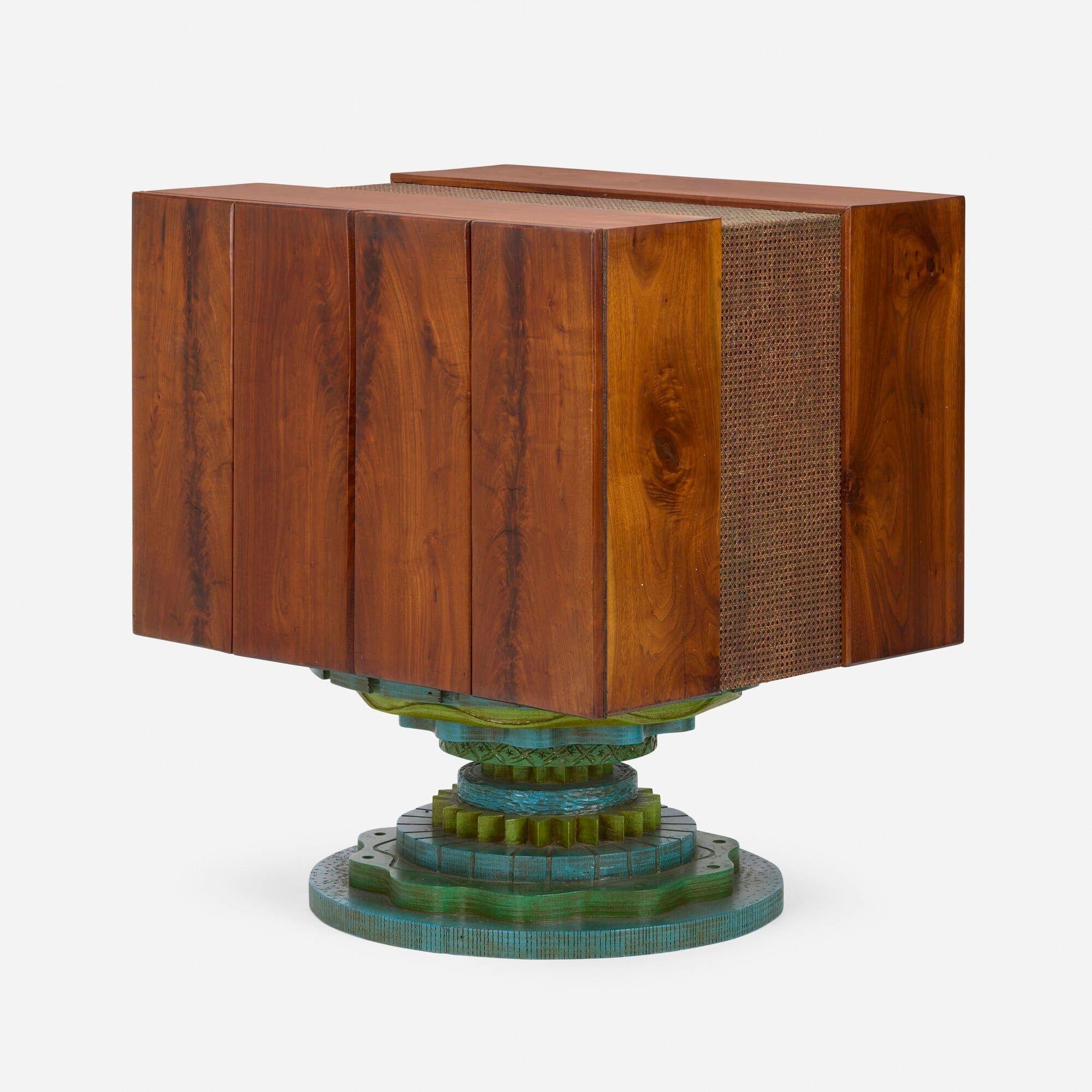 Appliqué Phillip Lloyd Powell Rotating Walnut Case / Bar, 1965 For Sale