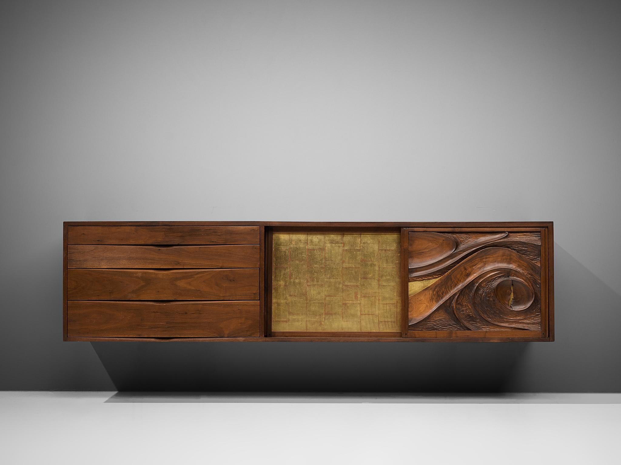 Late 20th Century Phillip Lloyd Powell Wall-Mounted Cabinet in Walnut with Gold Leaf