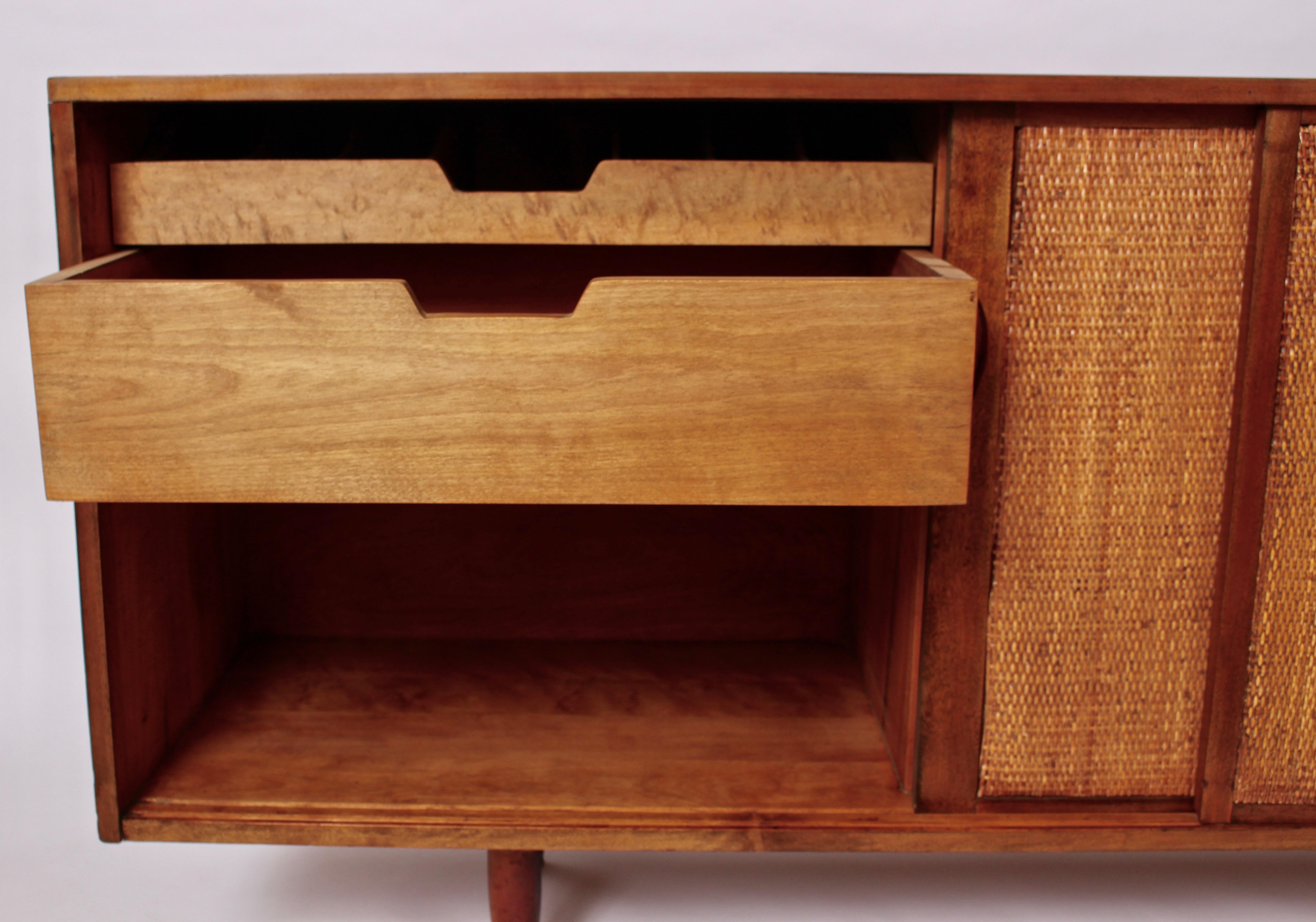 Phillip Lloyd Powell Walnut and Split Reed Credenza, 1950's In Good Condition In Bainbridge, NY