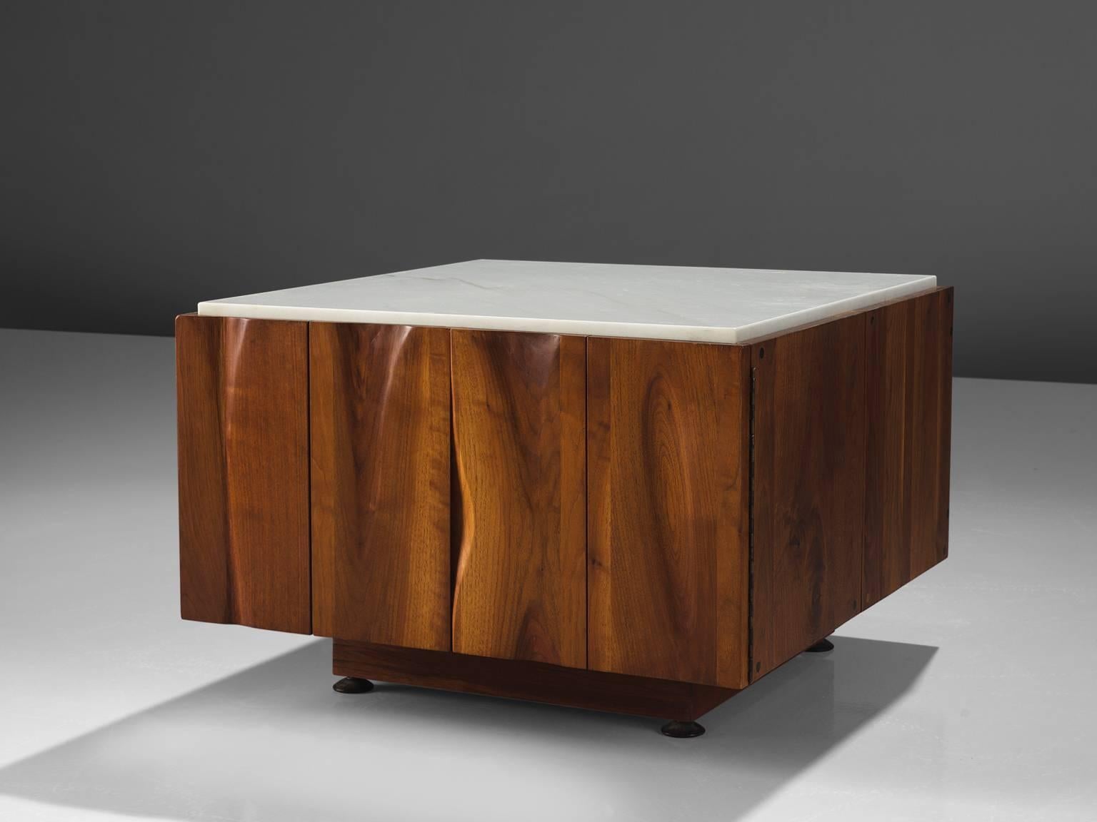 Phillip Lloyd Powell, coffee table, walnut and marble, New Hope, PA, 1962.

This exquisite coffee table is designed by Phillip Lloyd Powell and executed out of solid walnut and white marble as a top that balances the warm walnut perfectly. The