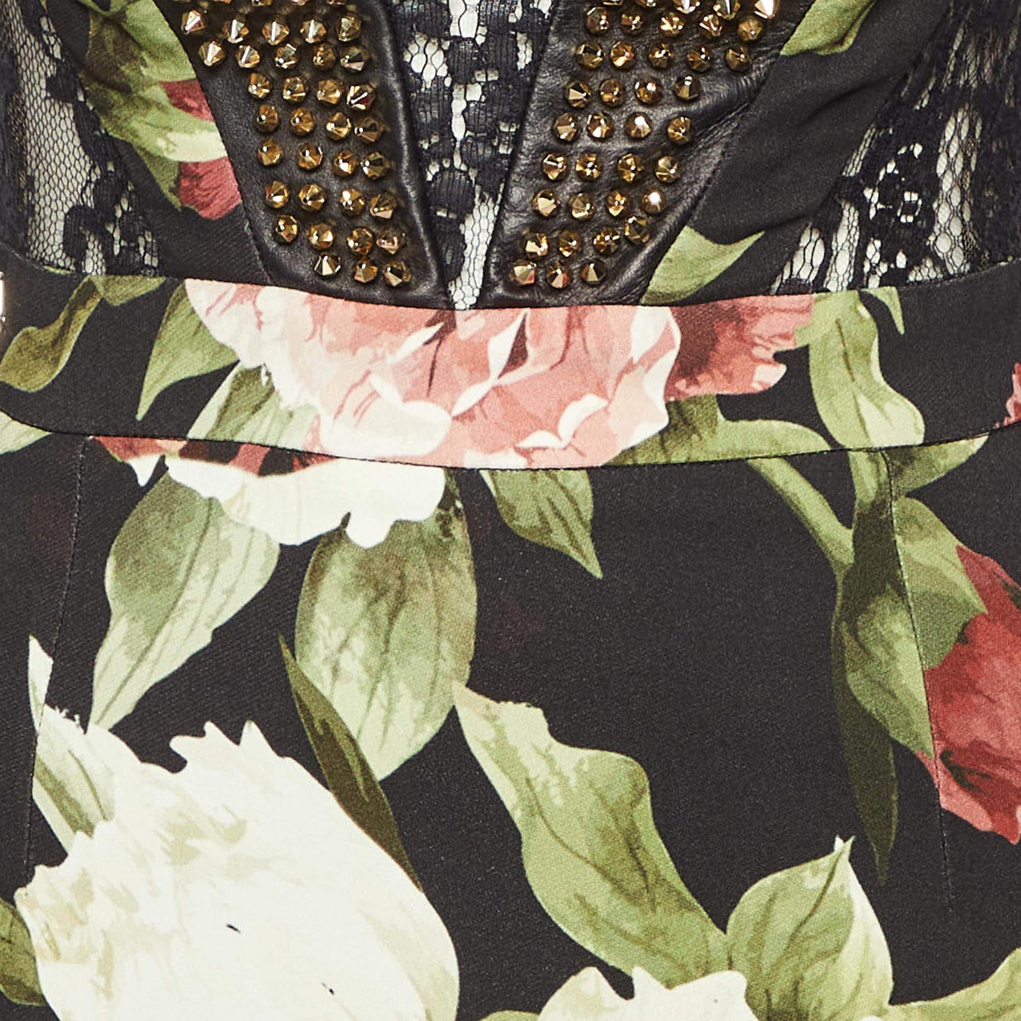 Beige Phillip Plein Black Floral Print Crepe Studded Midi Dress XS