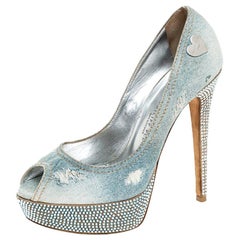 Phillip Plein Blue Crystal Distressed Denim Peep Toe Platform Pumps Size 39
