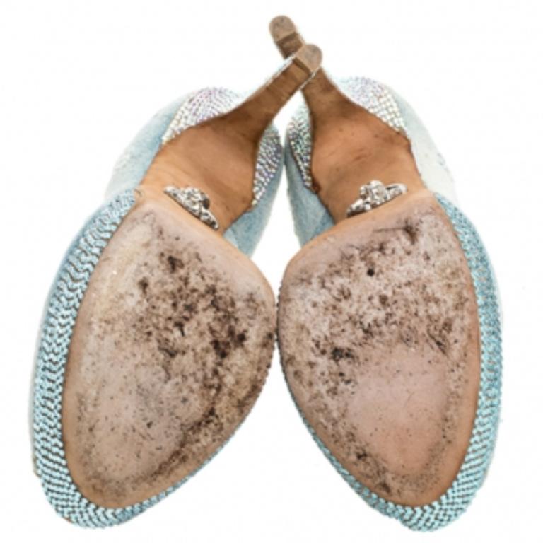 Gris Phillip Plein Crystal Embellish Distressed Denim Peep Toe Platform Pumps Size 39 en vente