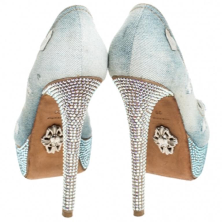 Phillip Plein Crystal Embellish Distressed Denim Peep Toe Platform Pumps Size 39 en vente 2