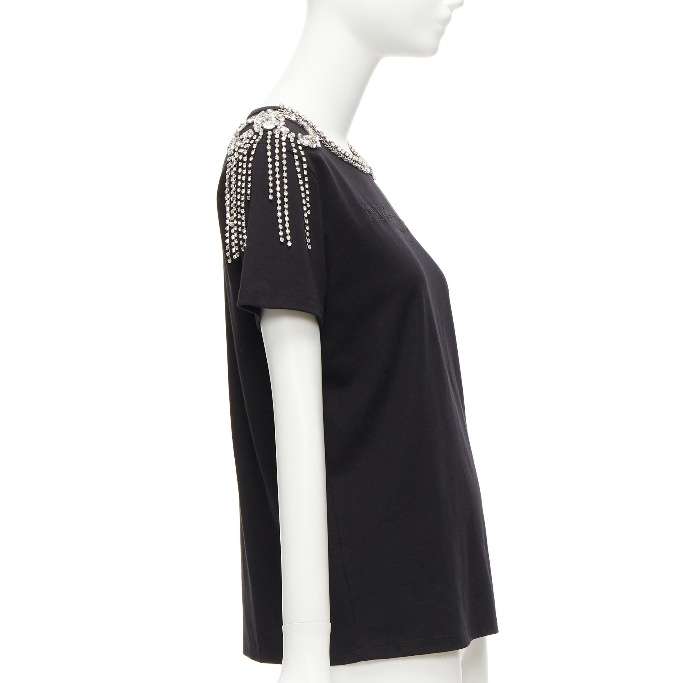 Women's PHILLIP PLEIN FEMME black embroidery clear crystal fringe embellished tshirt XS For Sale