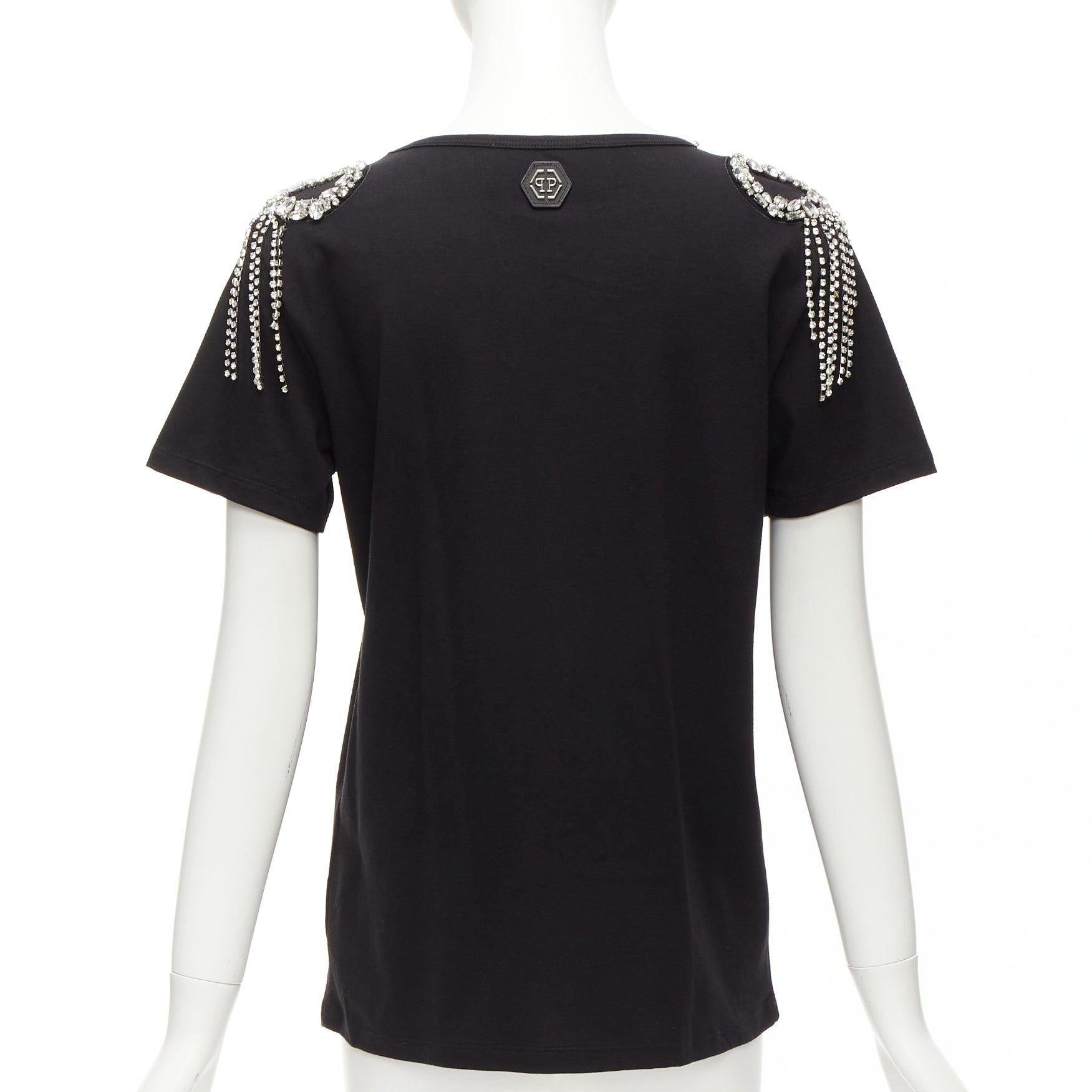 PHILLIP PLEIN FEMME black embroidery clear crystal fringe embellished tshirt XS For Sale 1
