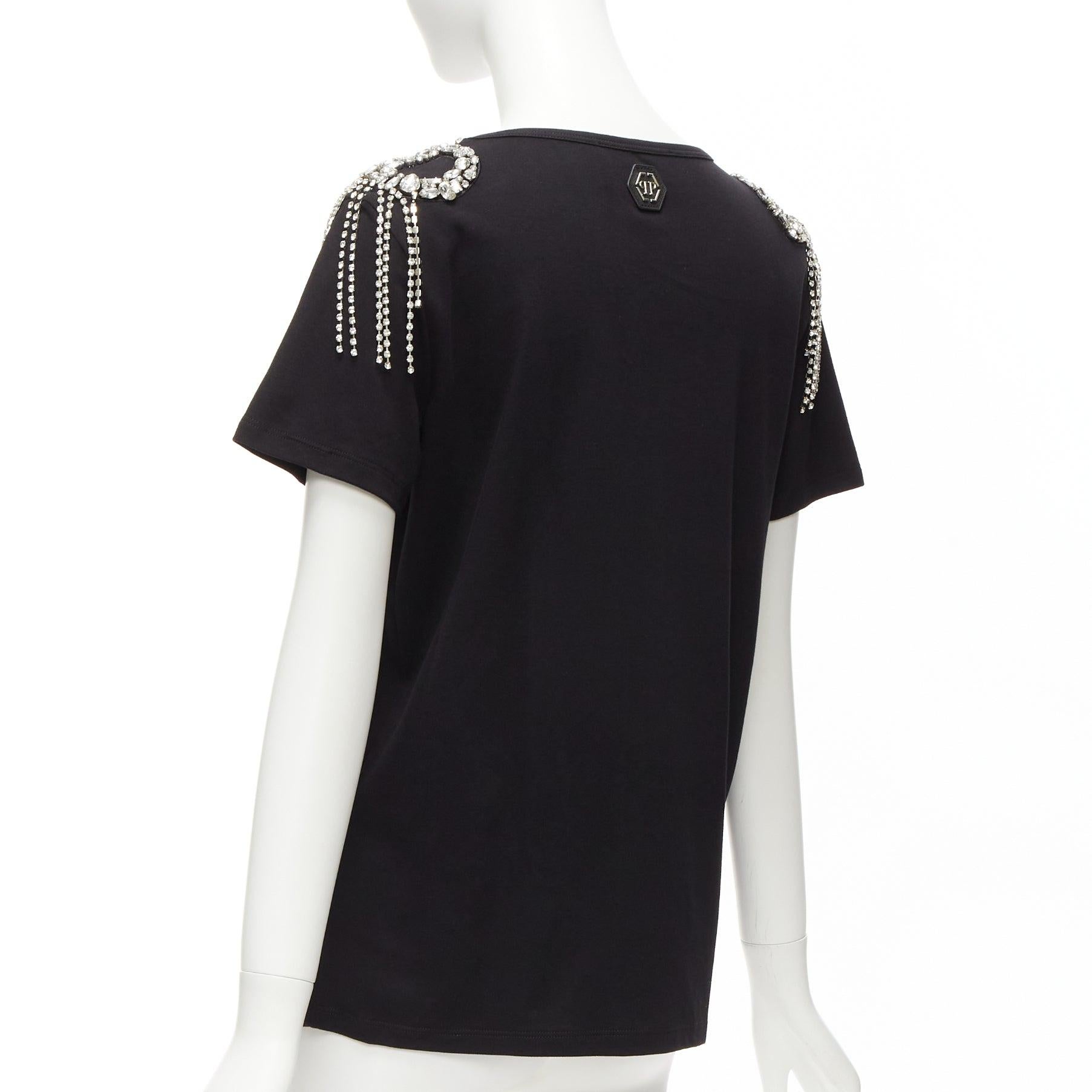 PHILLIP PLEIN FEMME black embroidery clear crystal fringe embellished tshirt XS For Sale 2
