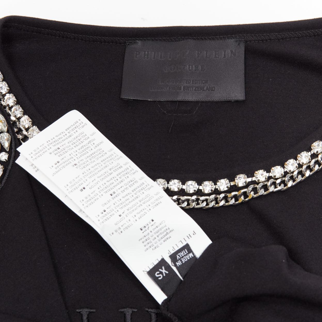 PHILLIP PLEIN FEMME black embroidery clear crystal fringe embellished tshirt XS For Sale 4