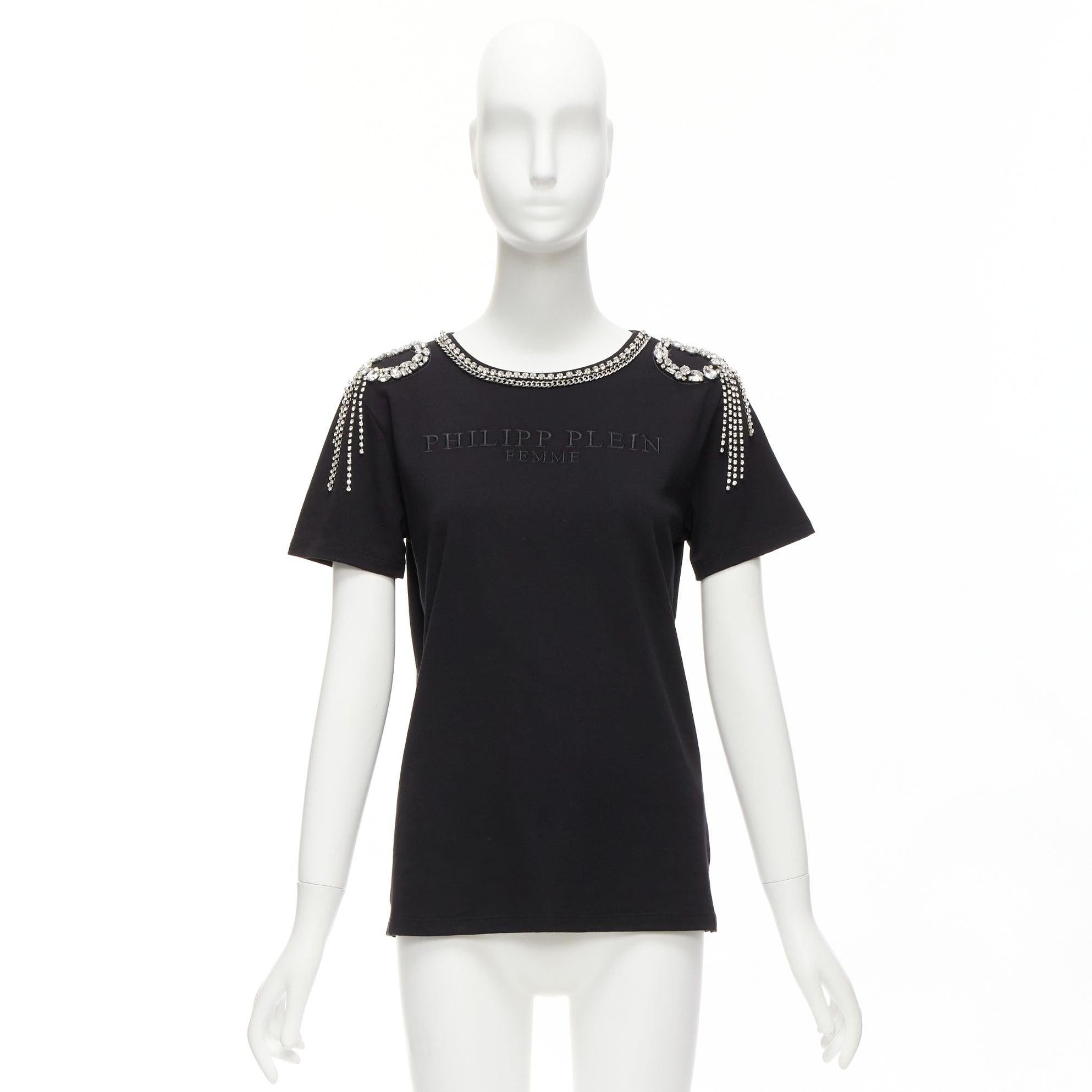 PHILLIP PLEIN FEMME black embroidery clear crystal fringe embellished tshirt XS For Sale 5