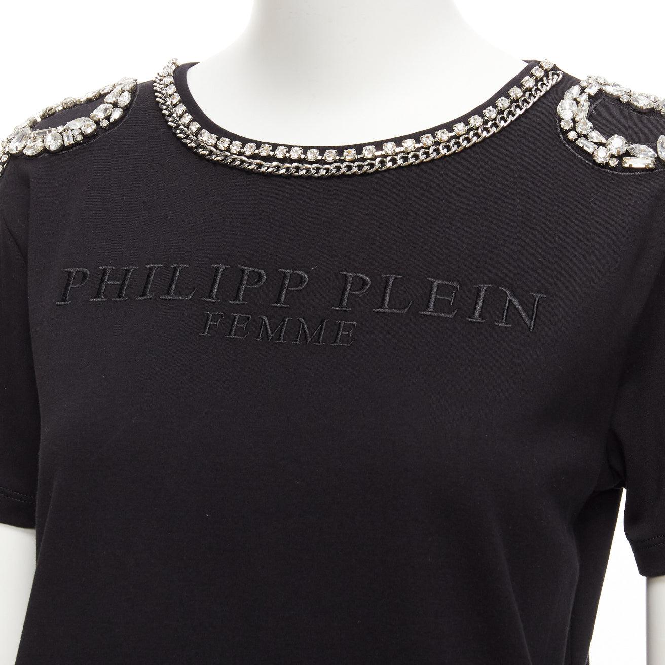 Black PHILLIP PLEIN FEMME logo embroidery clear crystal fringe embellished tshirt XS For Sale