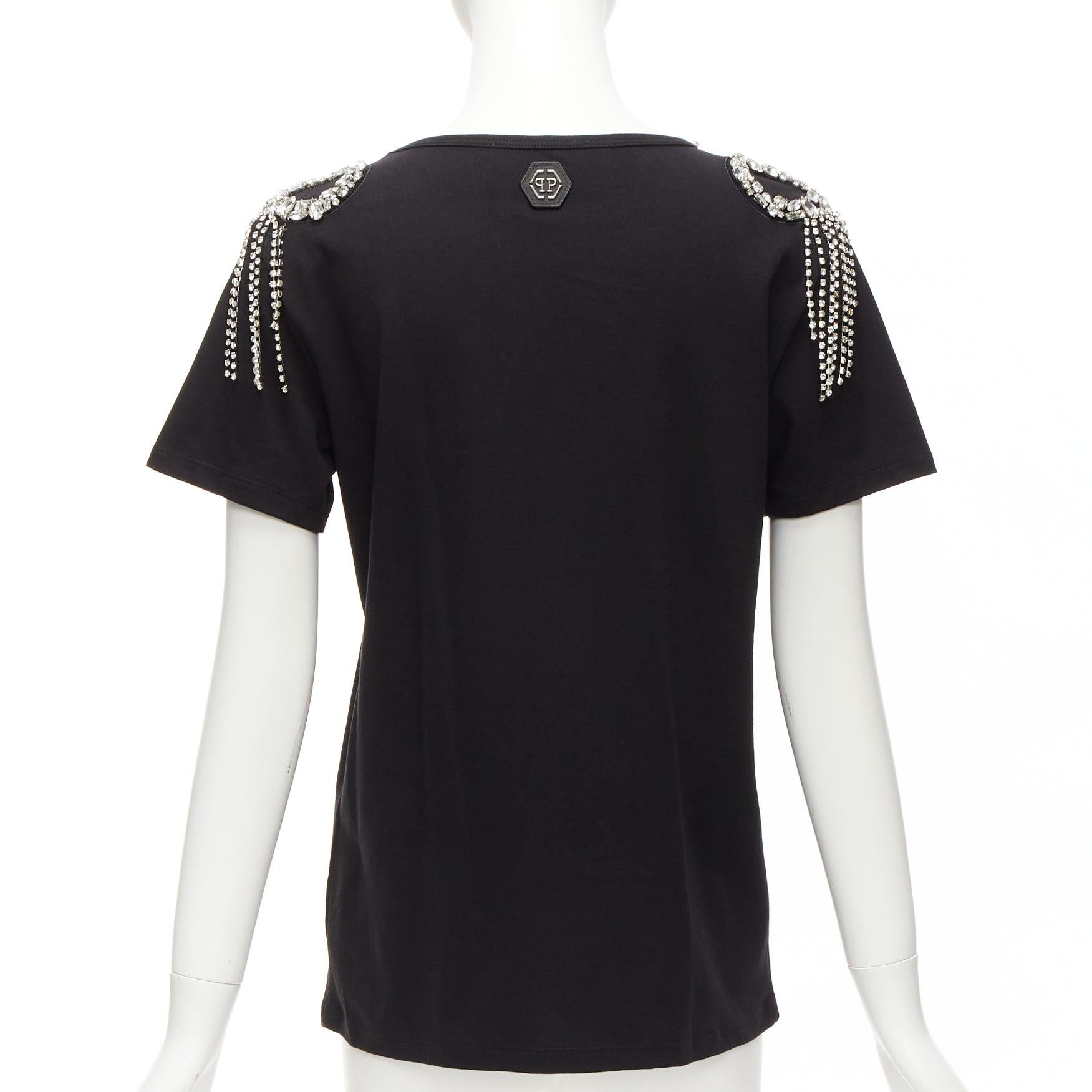 Women's PHILLIP PLEIN FEMME logo embroidery clear crystal fringe embellished tshirt XS For Sale