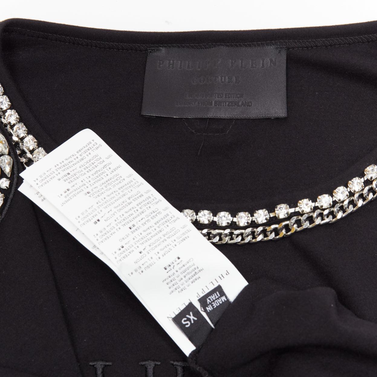 PHILLIP PLEIN FEMME logo embroidery clear crystal fringe embellished tshirt XS For Sale 3