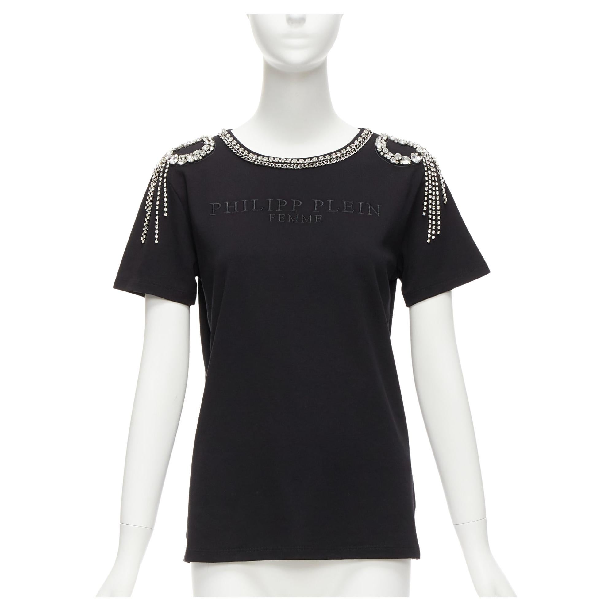 PHILLIP PLEIN FEMME logo embroidery clear crystal fringe embellished tshirt XS For Sale