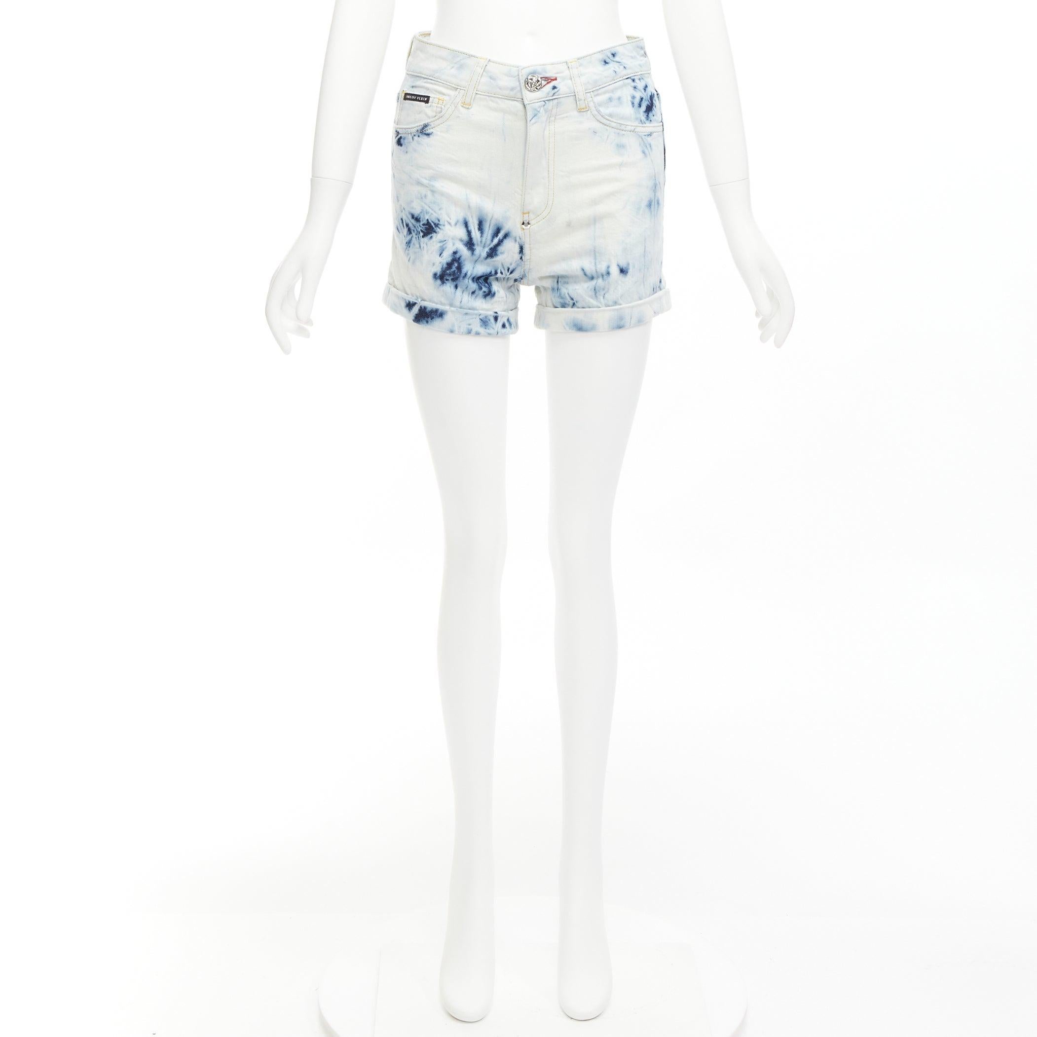PHILLIP PLEIN High Waist Hot Pants blue tie dye washed cuffed shorts 25