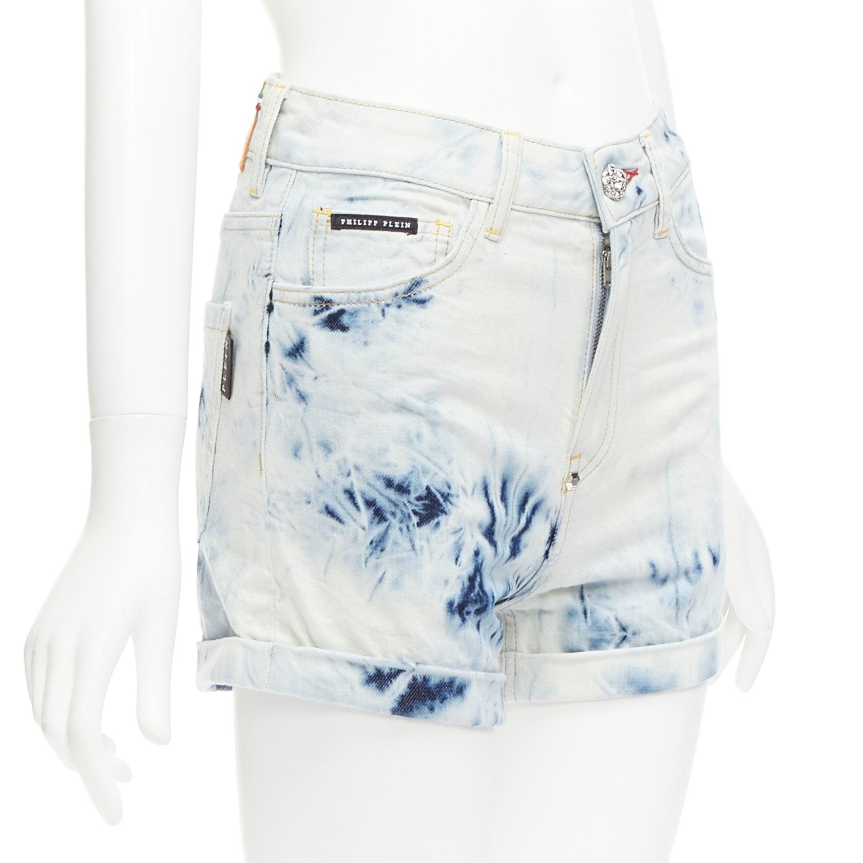 Gray PHILLIP PLEIN High Waist Hot Pants blue tie dye washed cuffed shorts 25