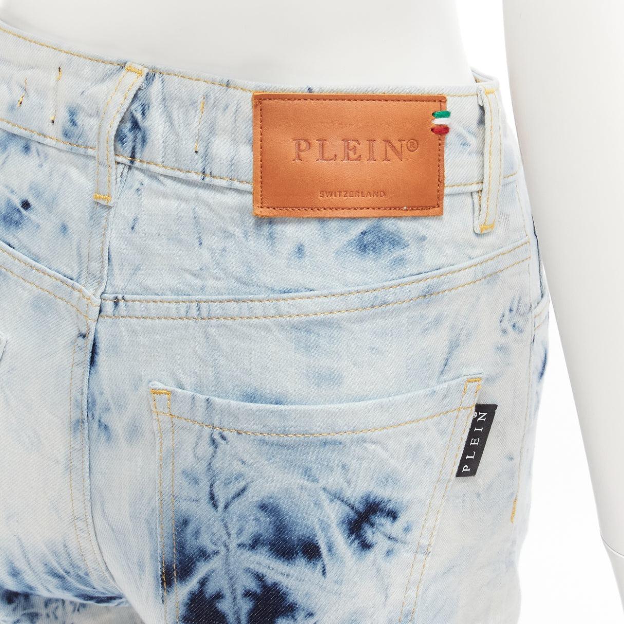 PHILLIP PLEIN High Waist Hot Pants blue tie dye washed cuffed shorts 25
