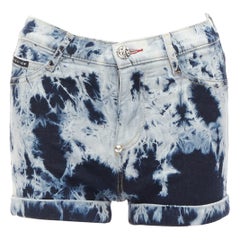 PHILLIP PLEIN High Waist Hot Pants blue tie dye washed cuffed shorts 25"